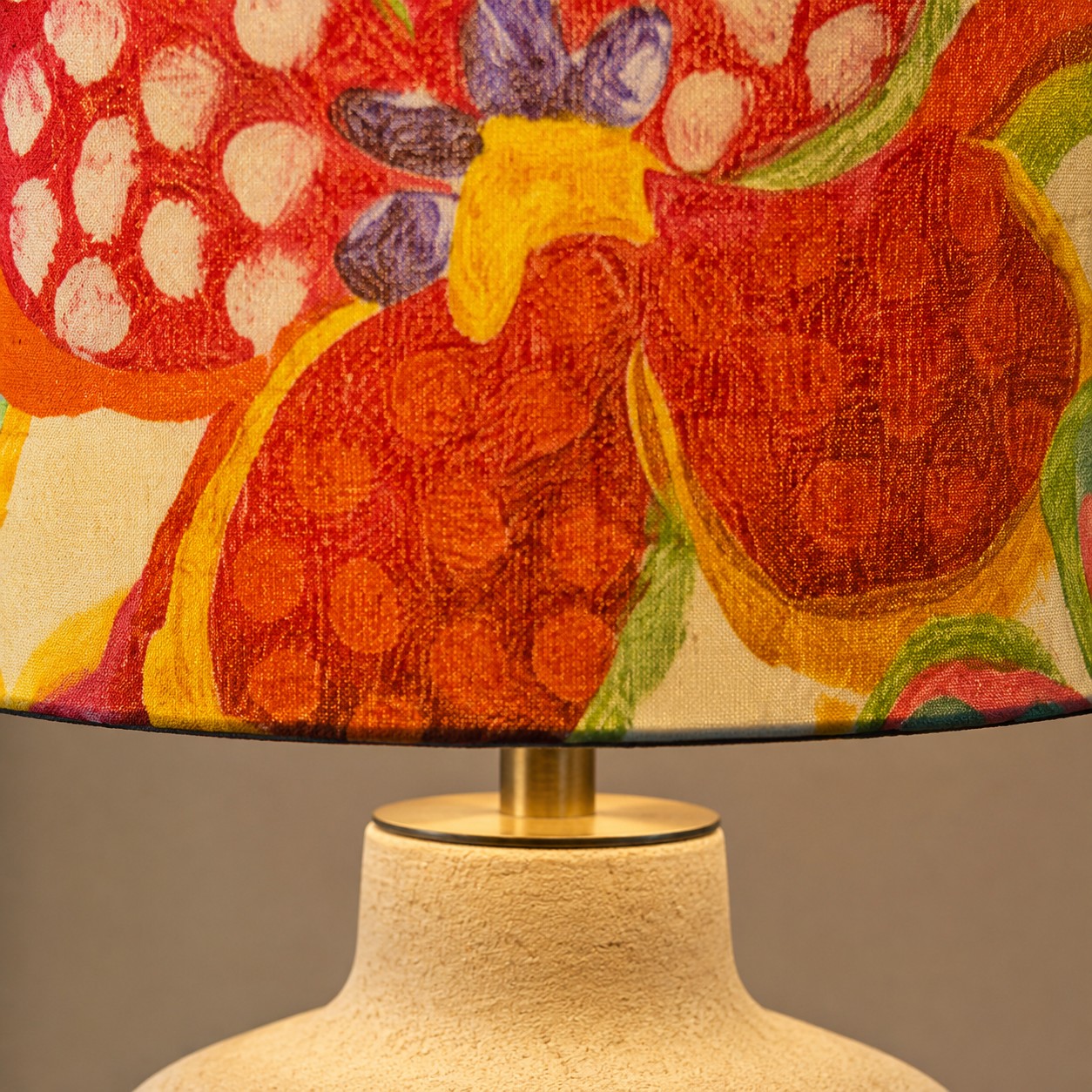 Close-up of the floral shade and ceramic neck