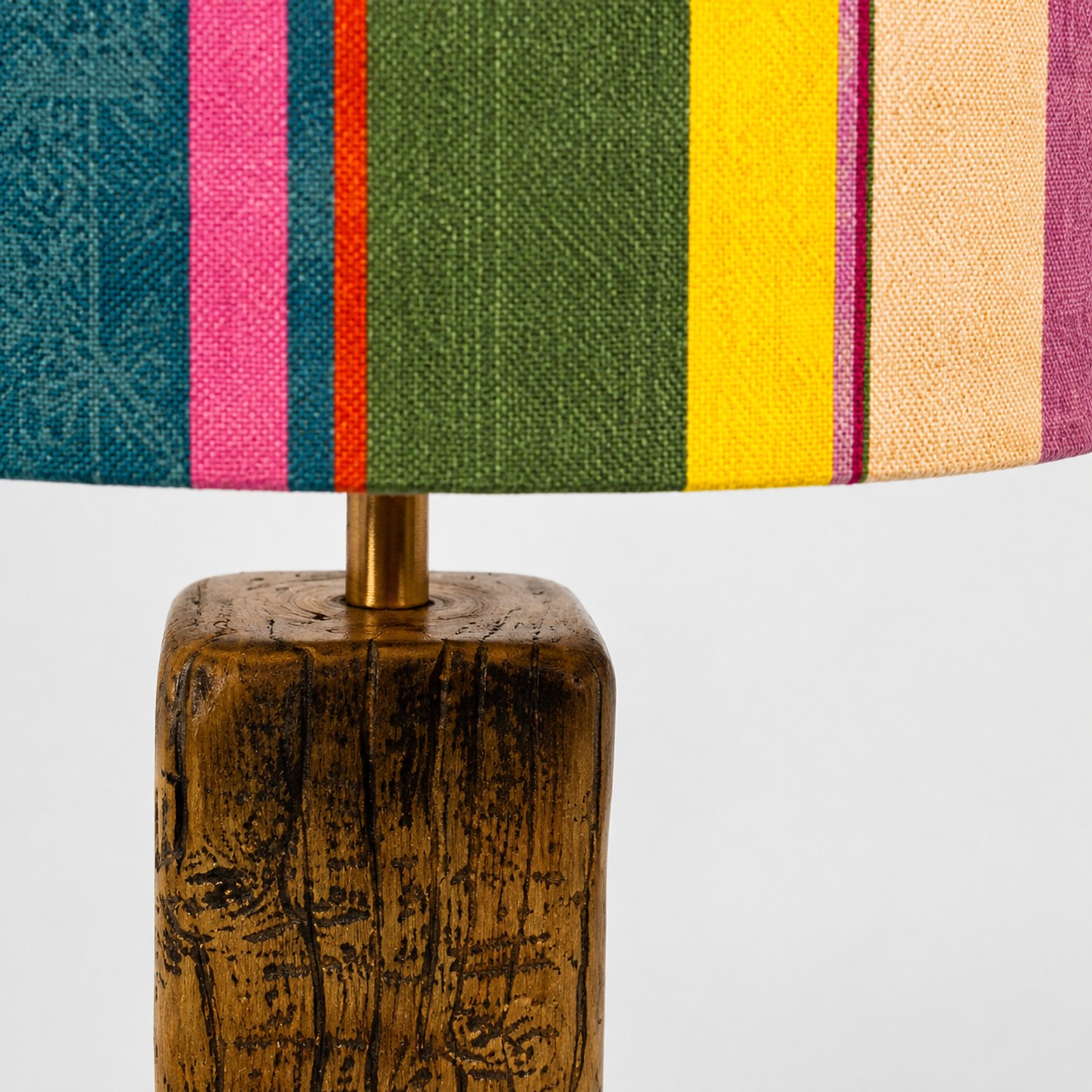 Close view of multicolor striped fabric shade and carved wood lamp base