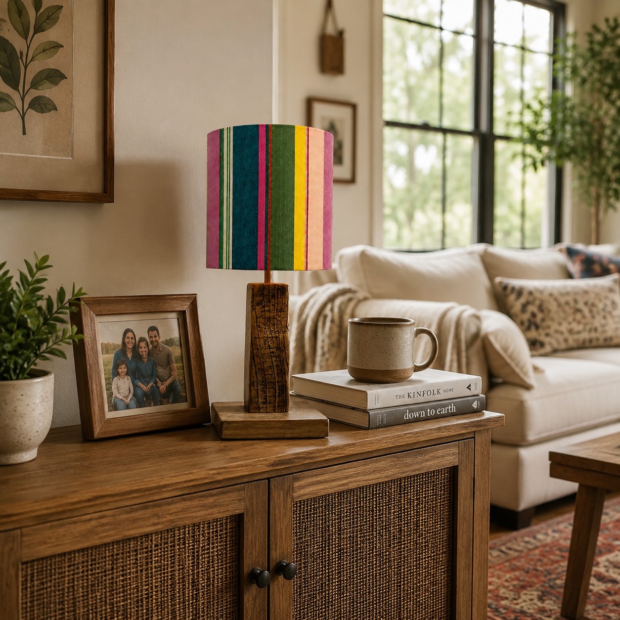 Colorful striped fabric table lamp styled in a relaxed living room