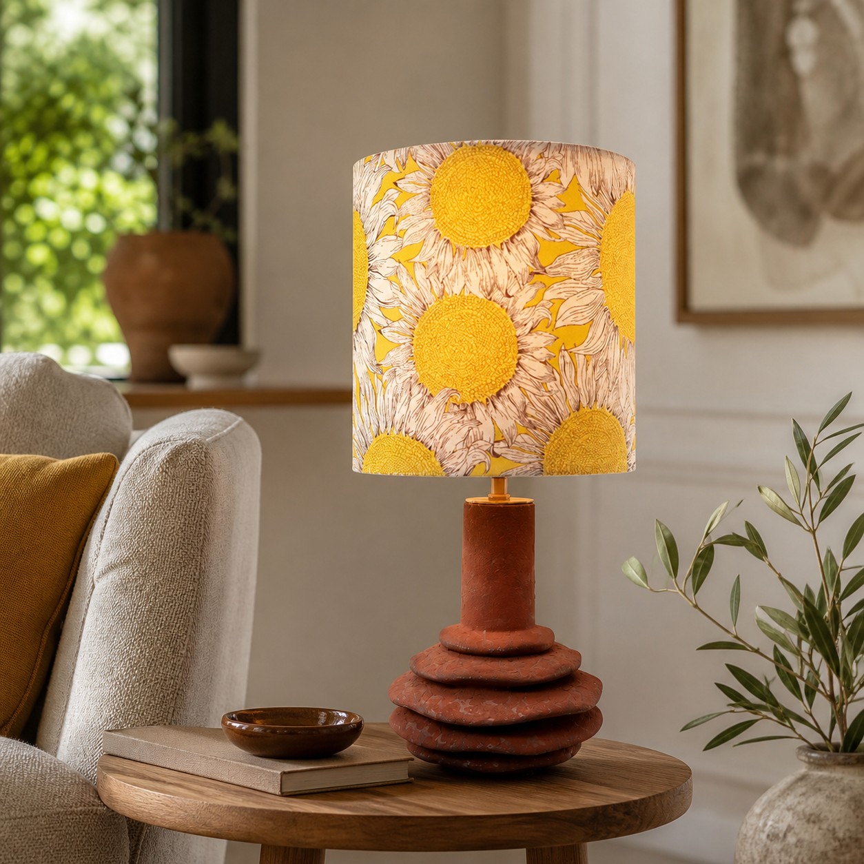 Sunflower shade ceramic table lamp on a living room side table