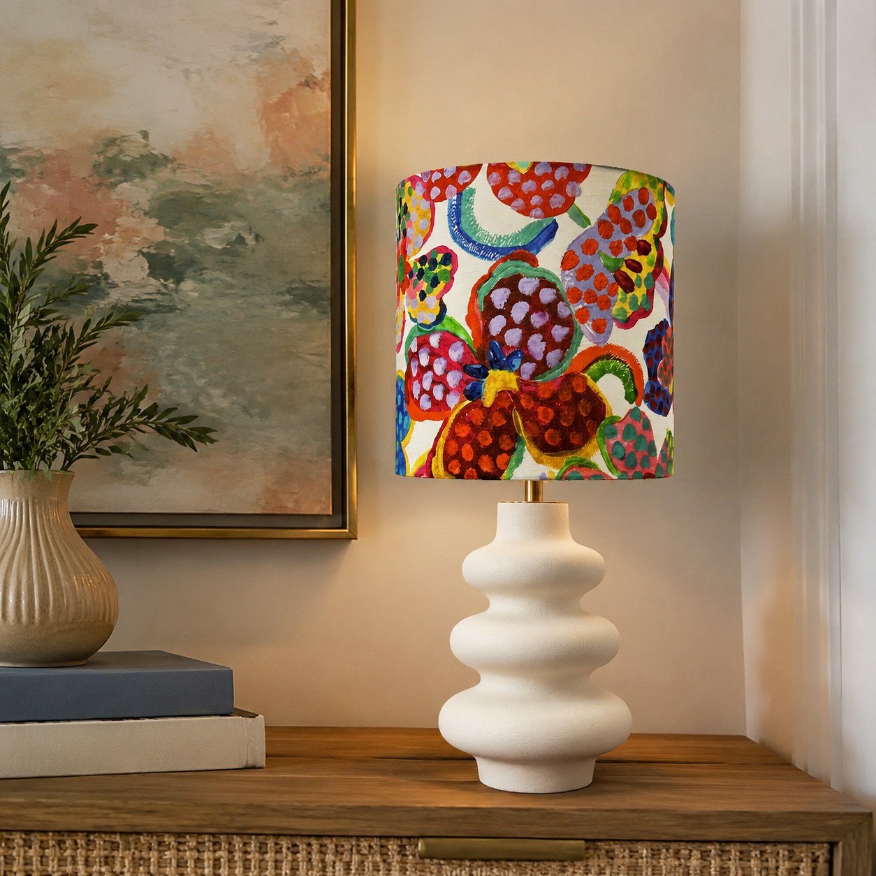 Floral ceramic table lamp styled on a wooden console