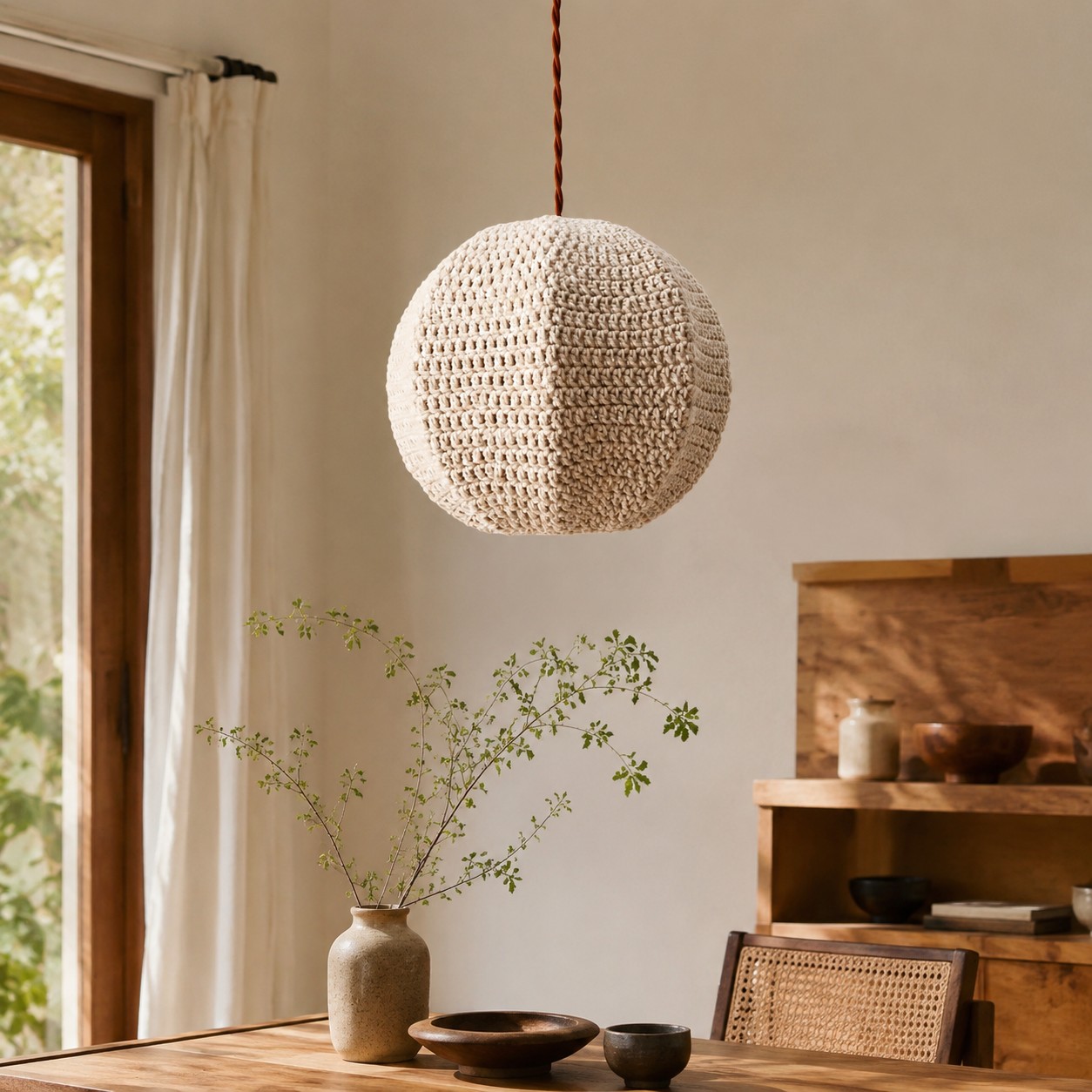 Ivory woven globe pendant suspended above a warm wooden dining table