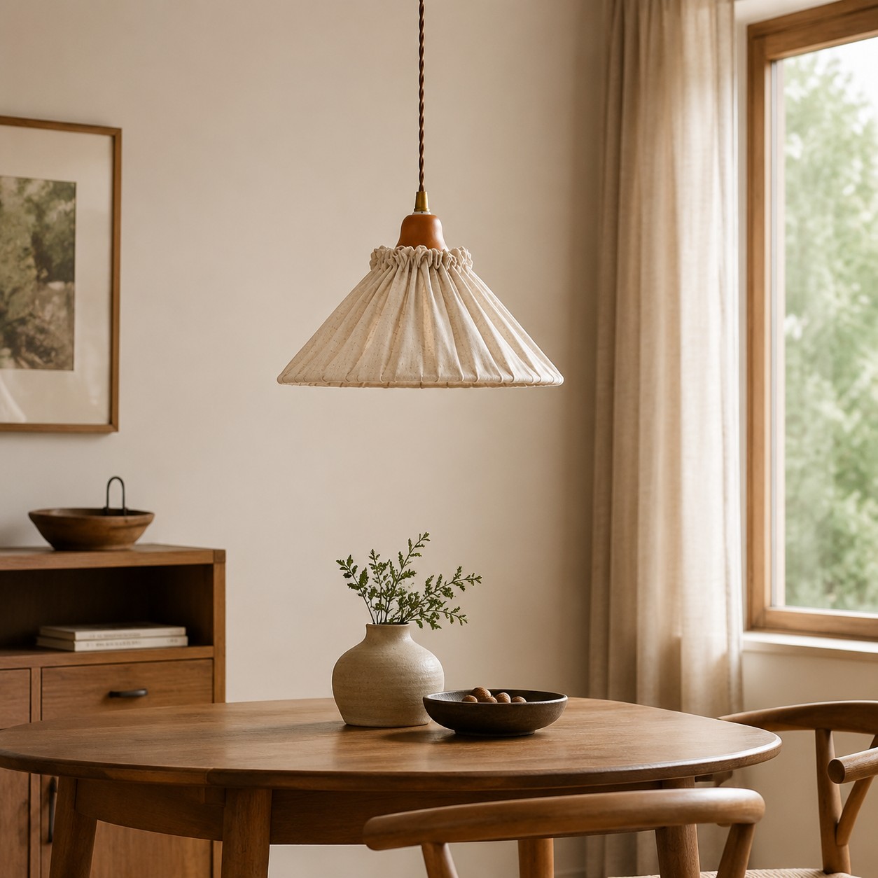 Suspension plissée en lin au-dessus d’une table ronde en bois, près d’une fenêtre lumineuse