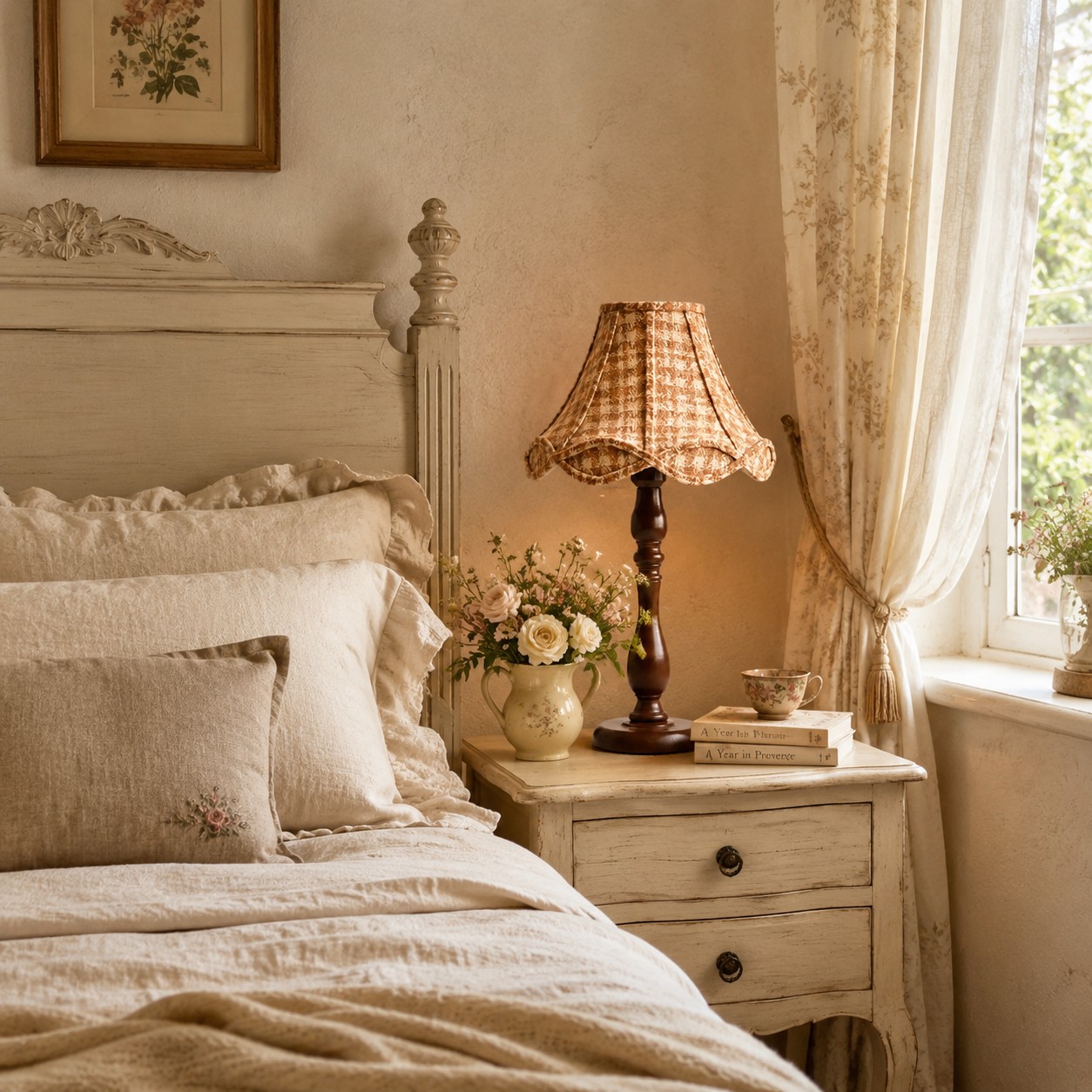 Vintage fabric table lamp styled beside a bedroom