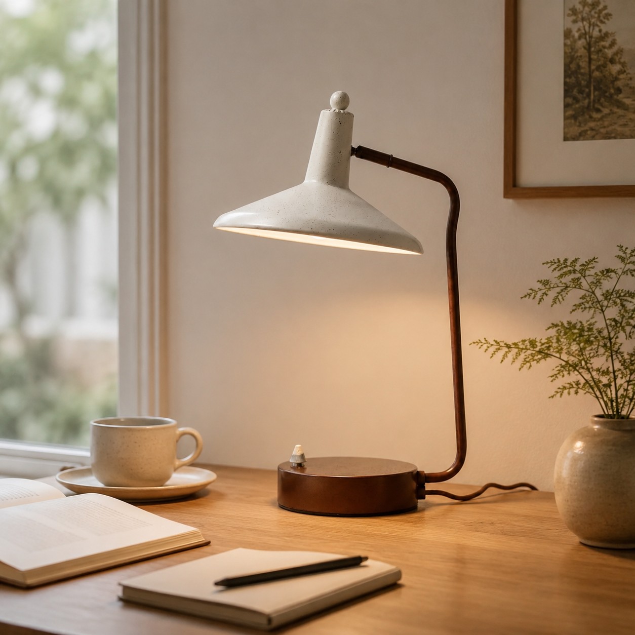 Een ivoorkleurige en bruine bureaulamp verlicht een open boek bij een raam.