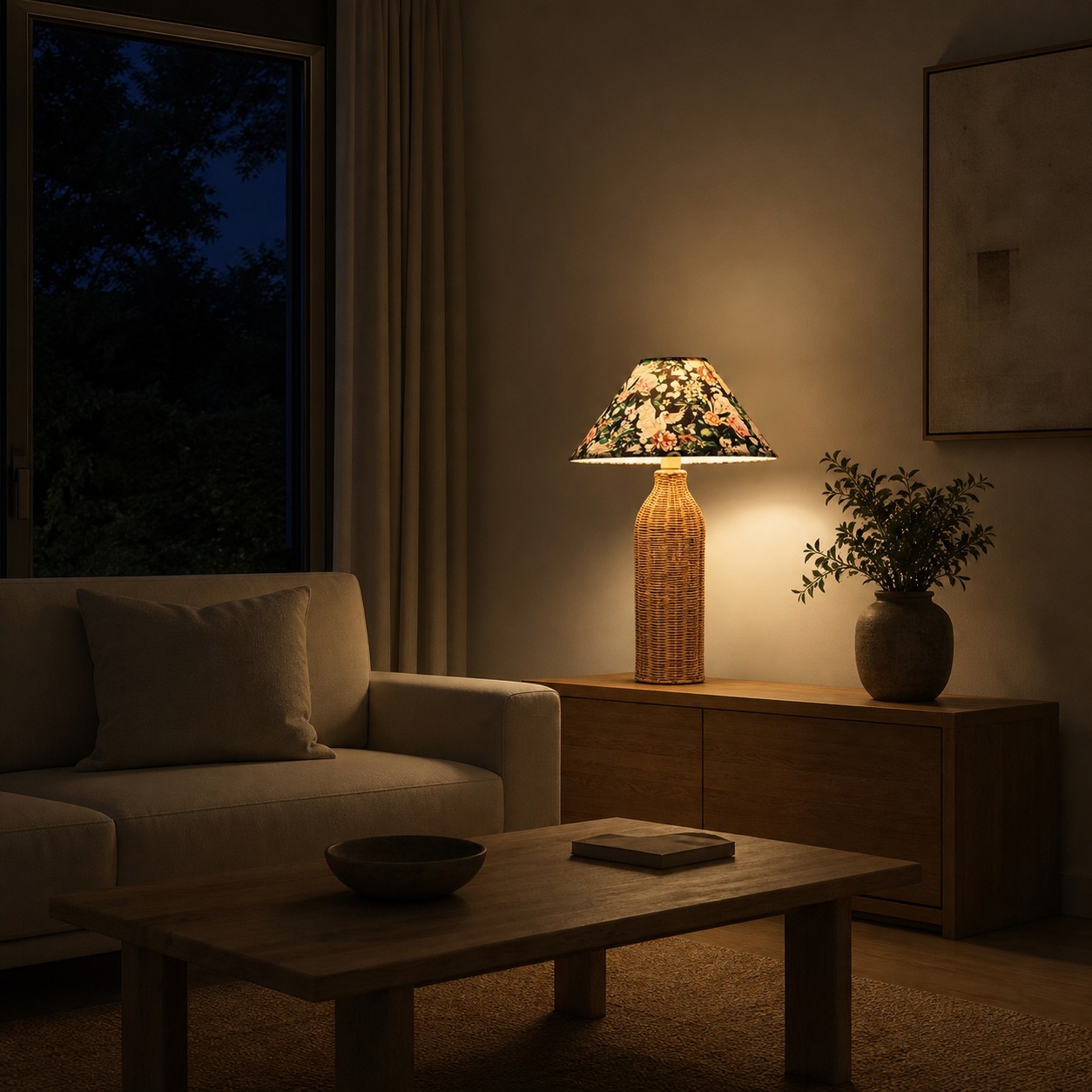 Rattan-Tischlampe, die warmes Abendlicht spendet