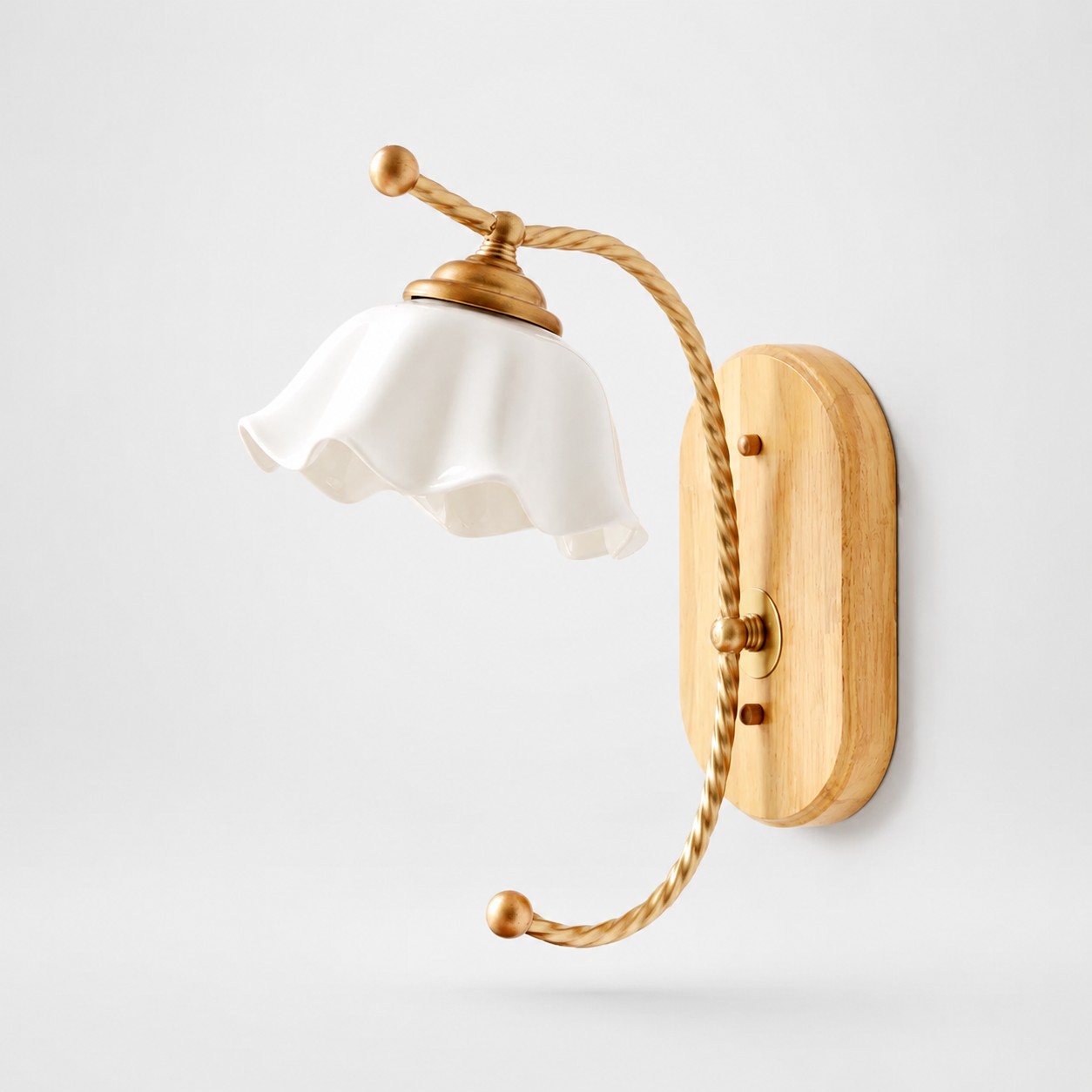 Ceramic shade wooden wall sconce on a neutral background