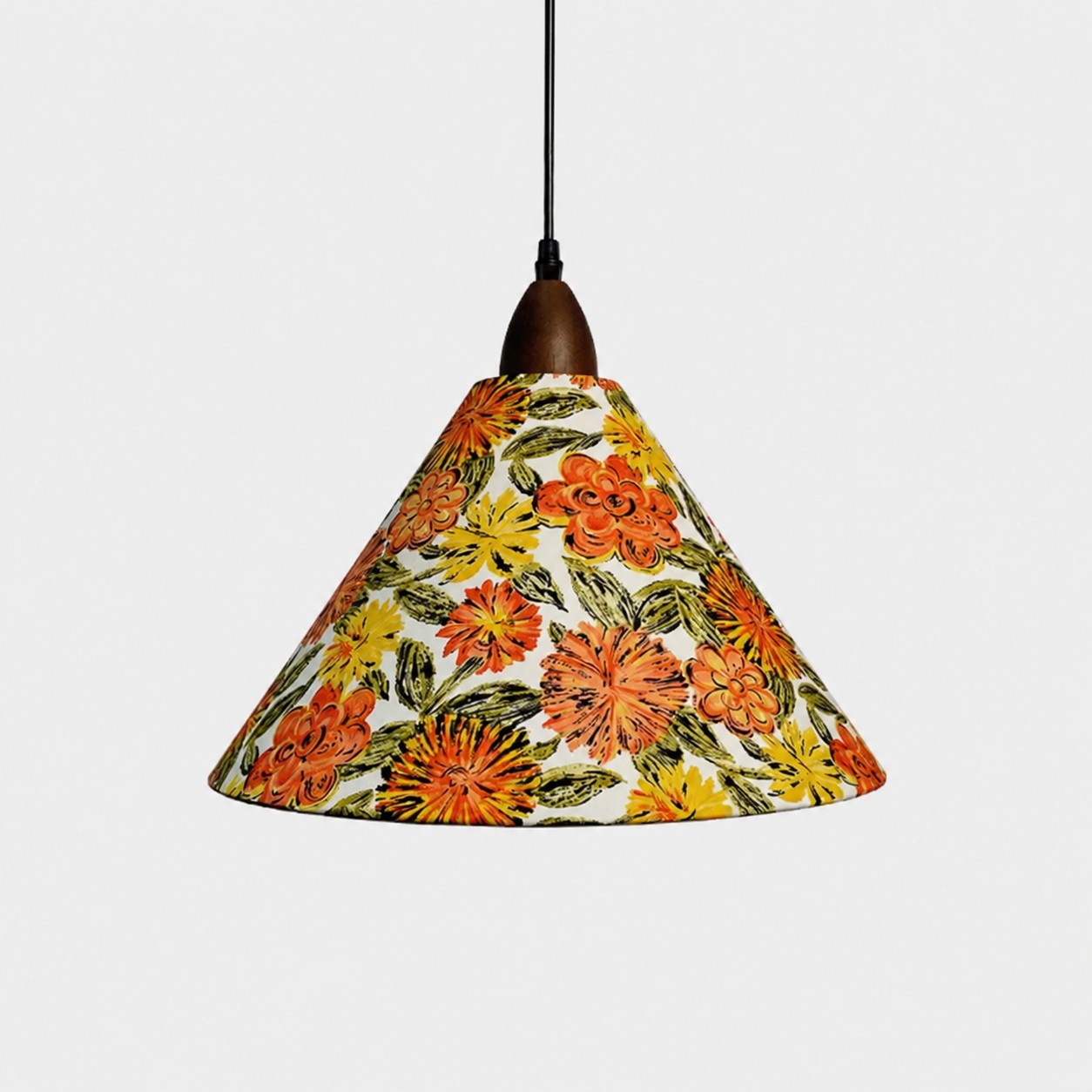 Large orange floral Liberty fabric cone pendant light