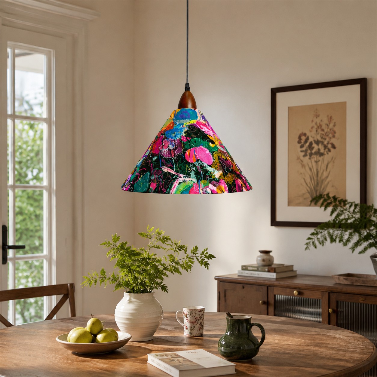 Painted floral pendant light above a rustic oval dining table with green plants
