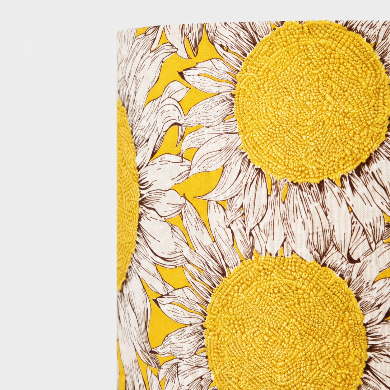 Sunflower fabric shade embroidery and weave detail