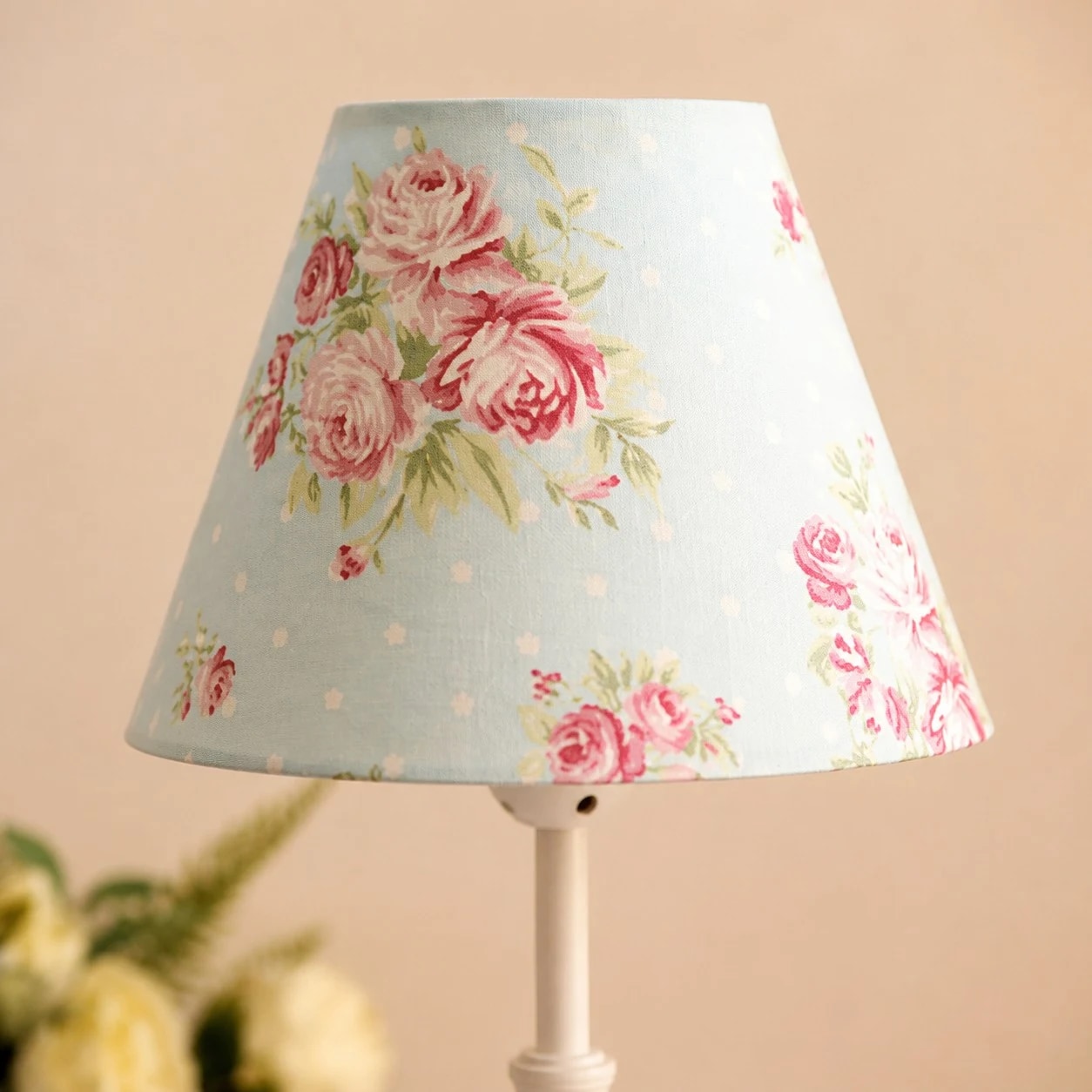 Blue floral fabric shade close-up