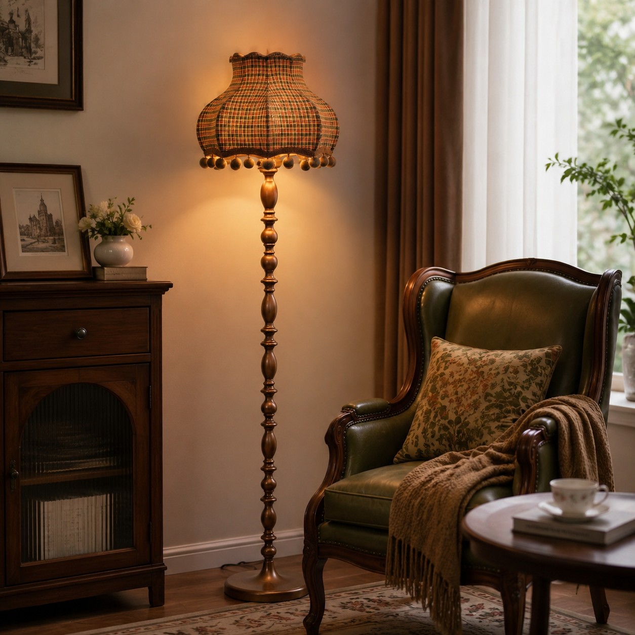 Lampadaire à carreaux bleu-orange illuminé à côté d'un fauteuil de lecture en cuir