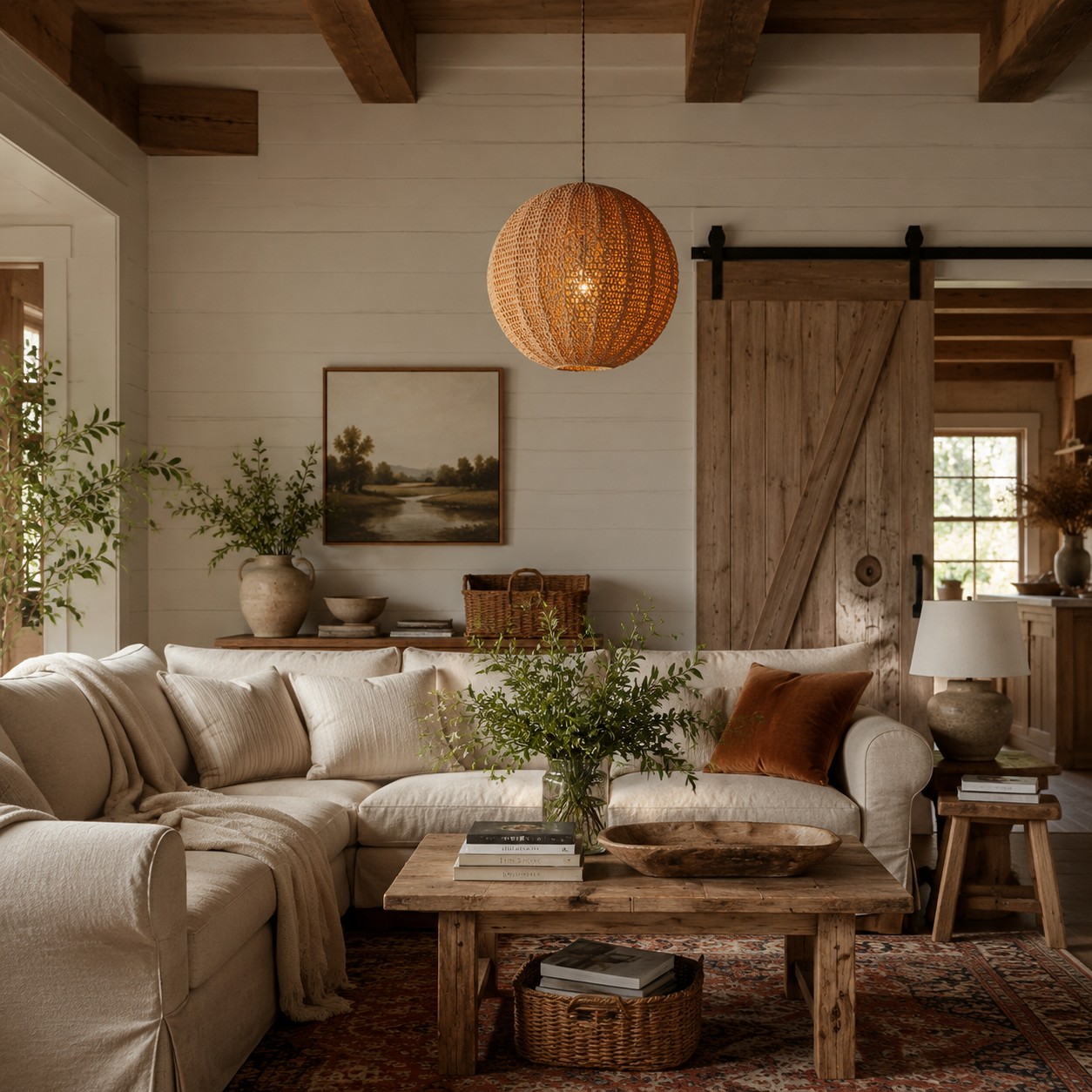 Caramel woven globe pendant displayed in a rustic living room