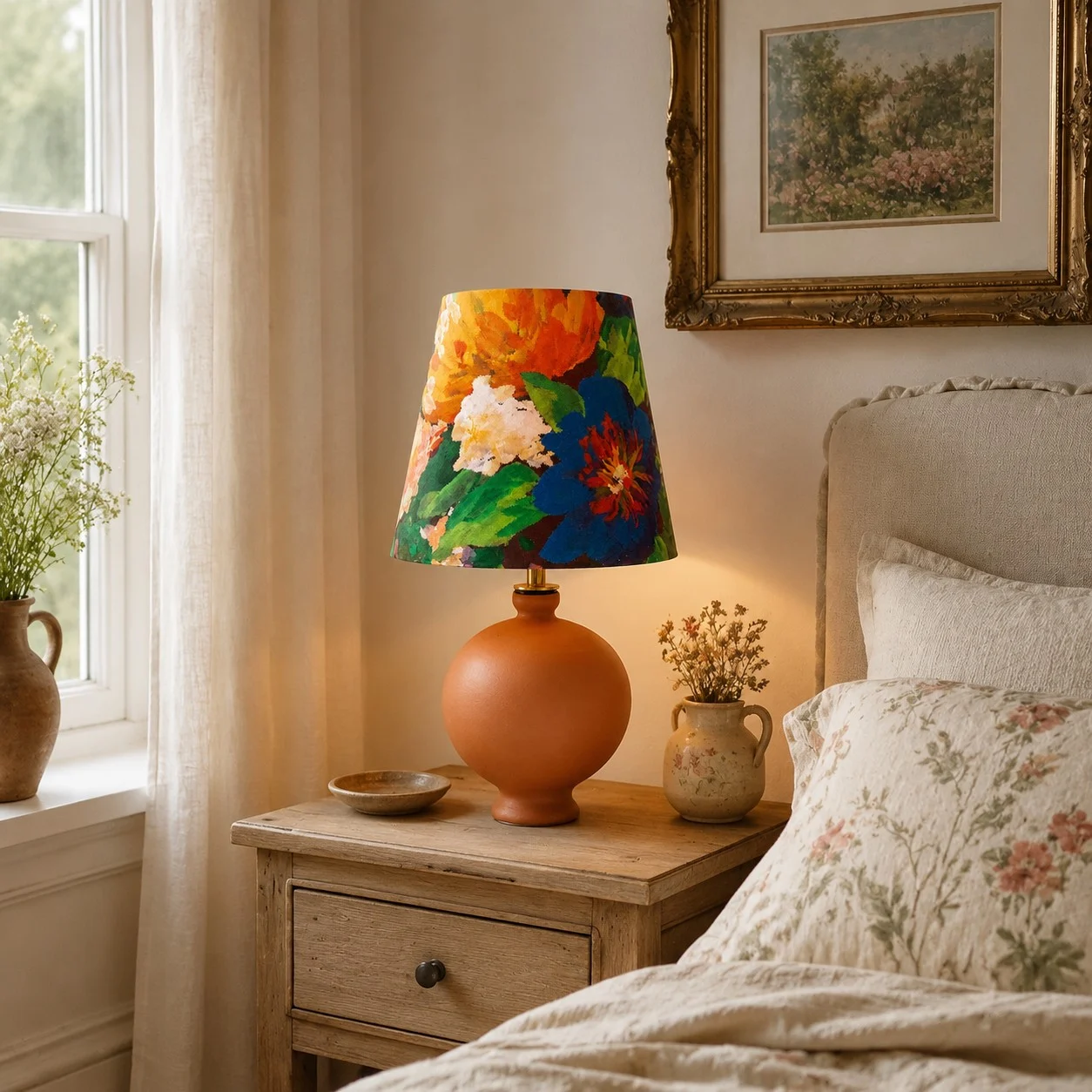 Floral ceramic table lamp styled on a bedside table