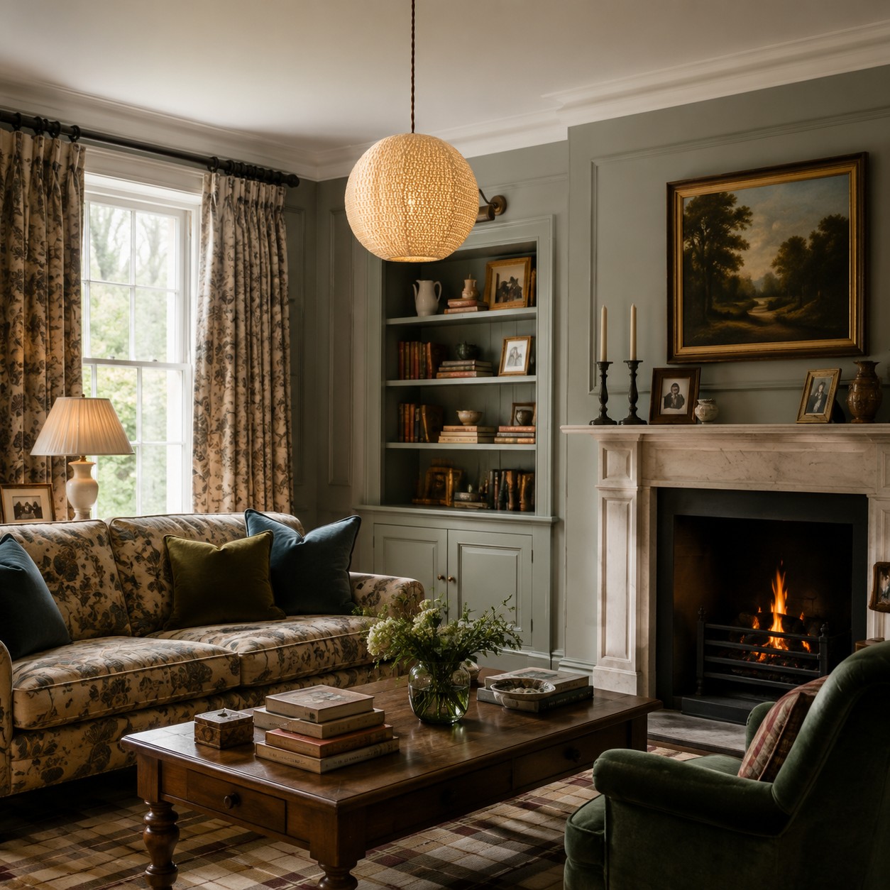 Ivory woven globe pendant illuminating a traditional sitting room