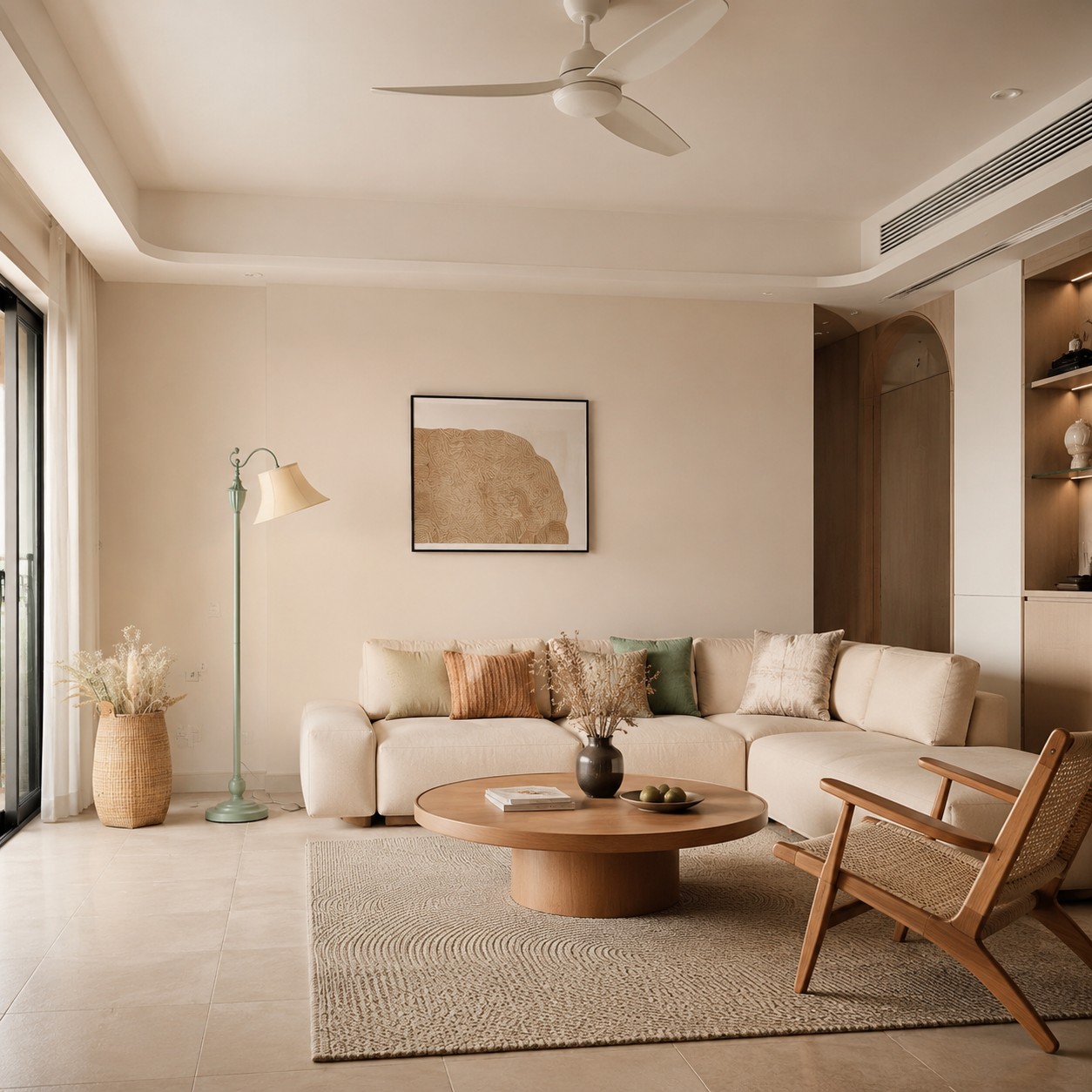Saliegroene vloerlamp in een rustige, moderne woonkamer.