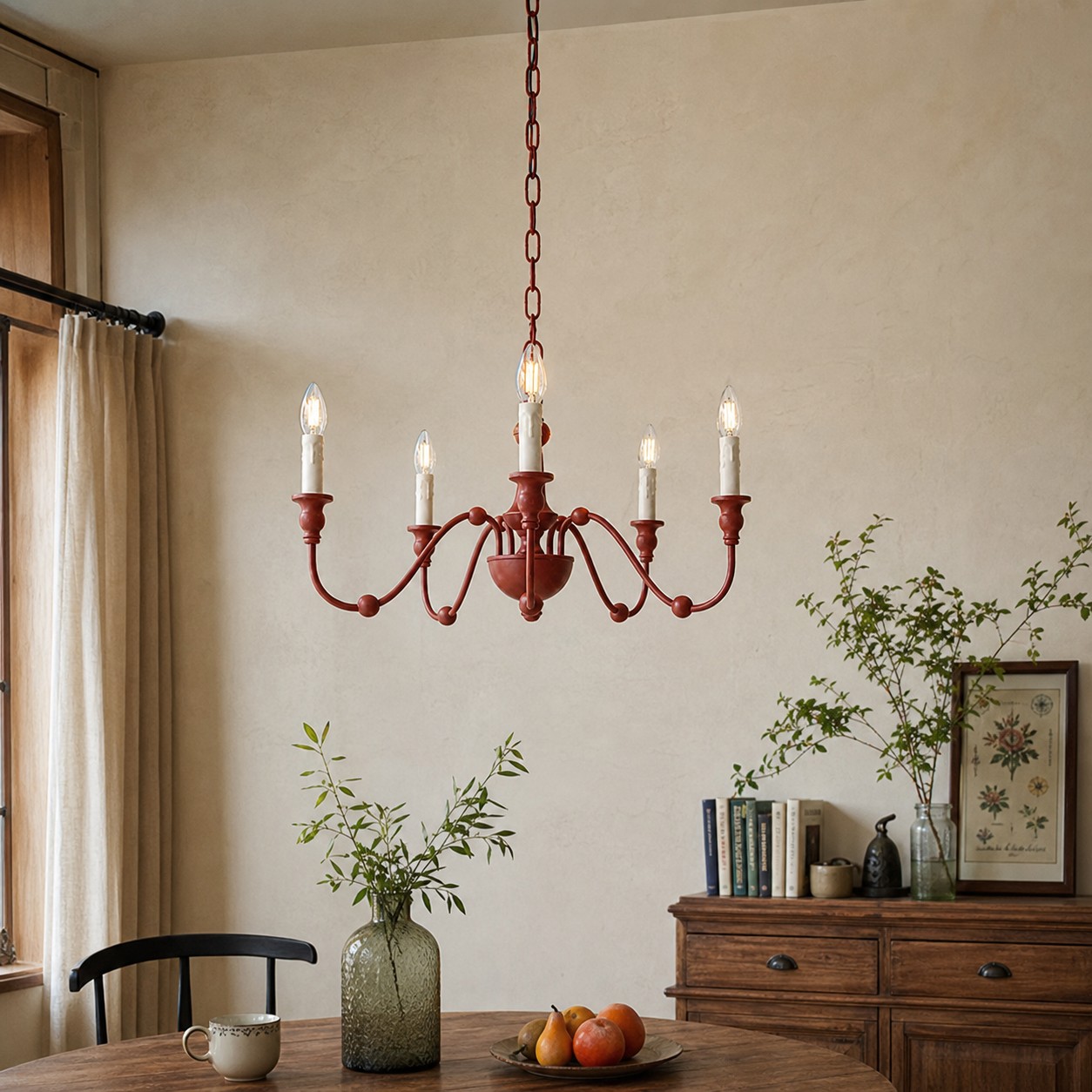 Vermilion red chandelier above a dining table
