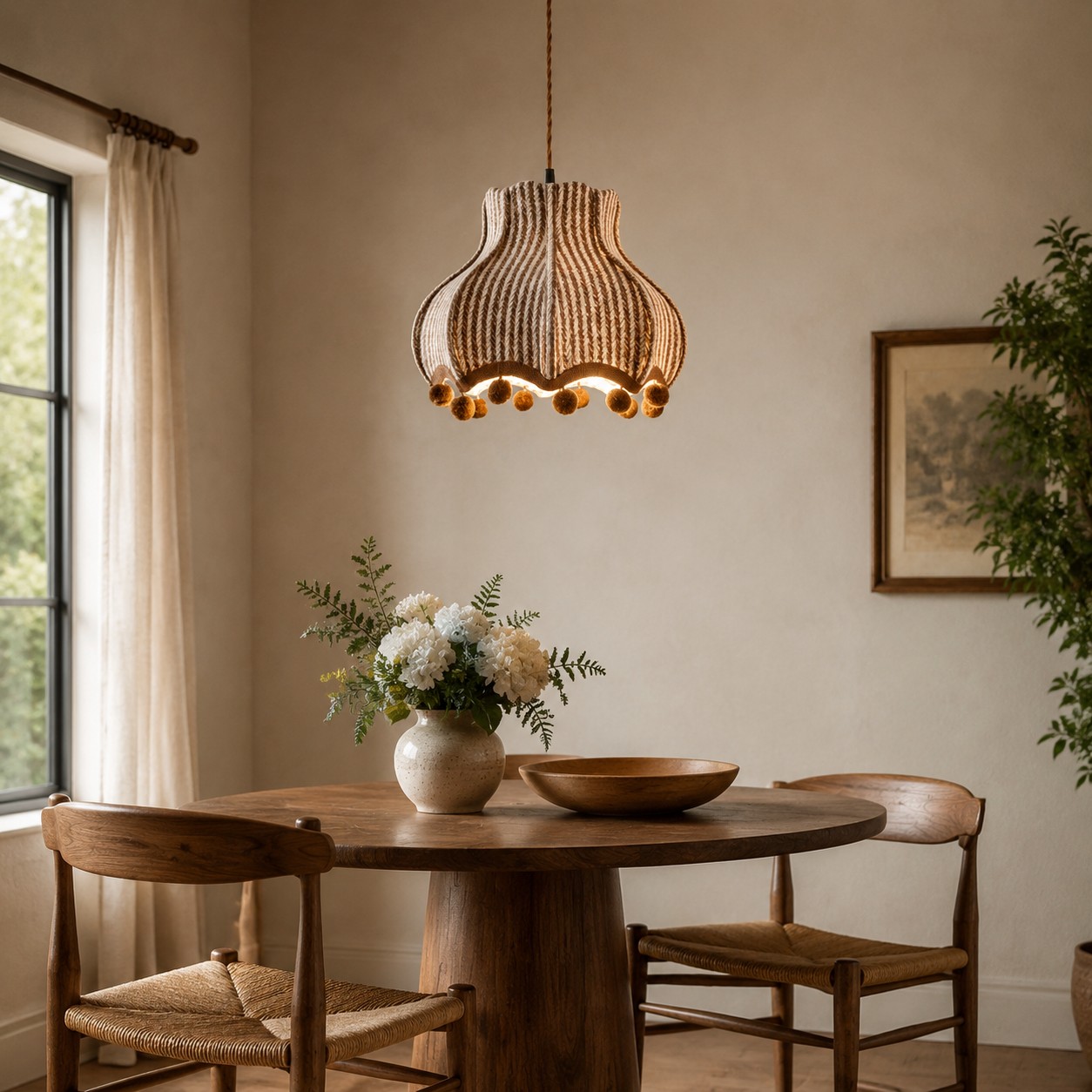 French vintage fabric pendant lamp installed above a dining table