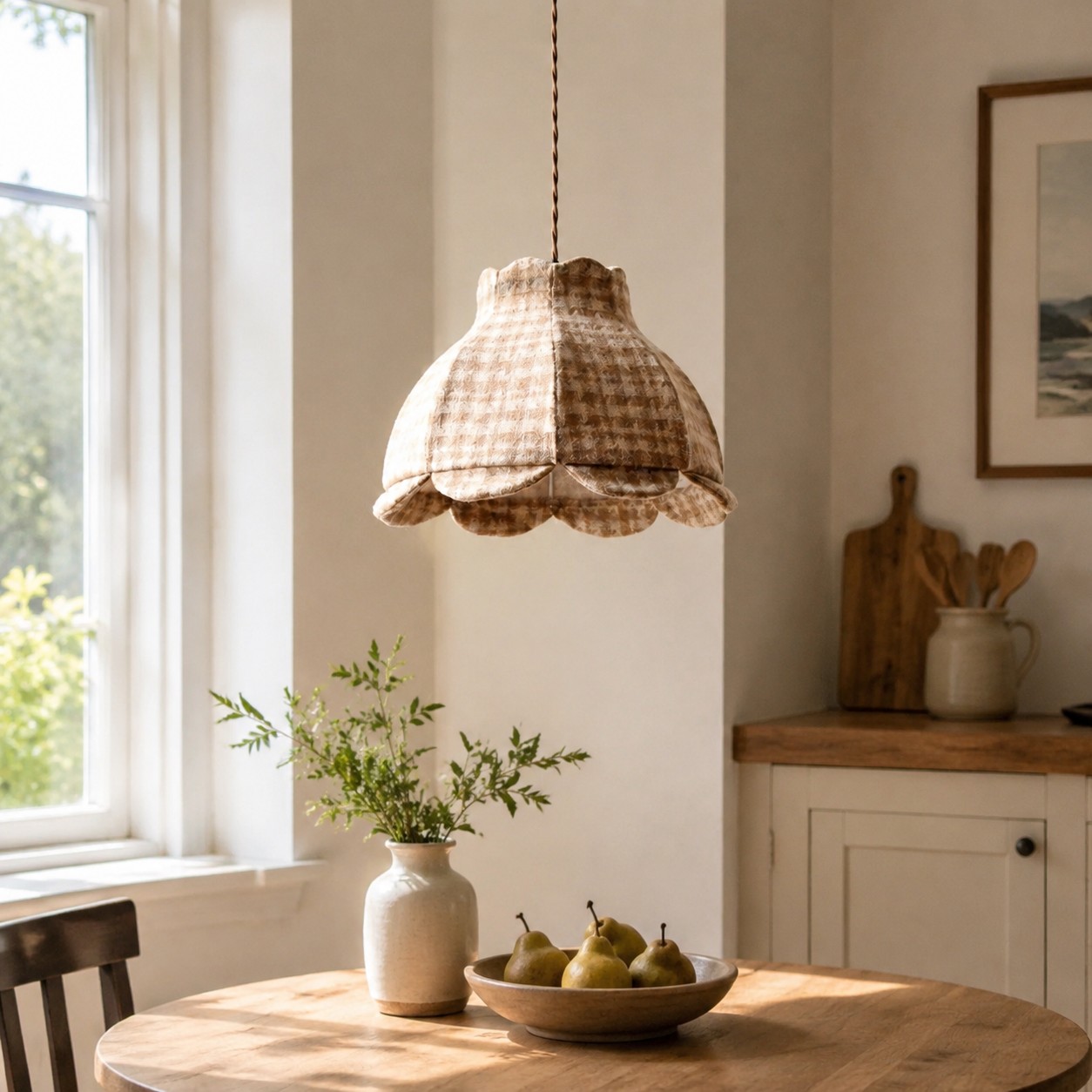 Plaid fabric pendant light installed above a cozy dining area