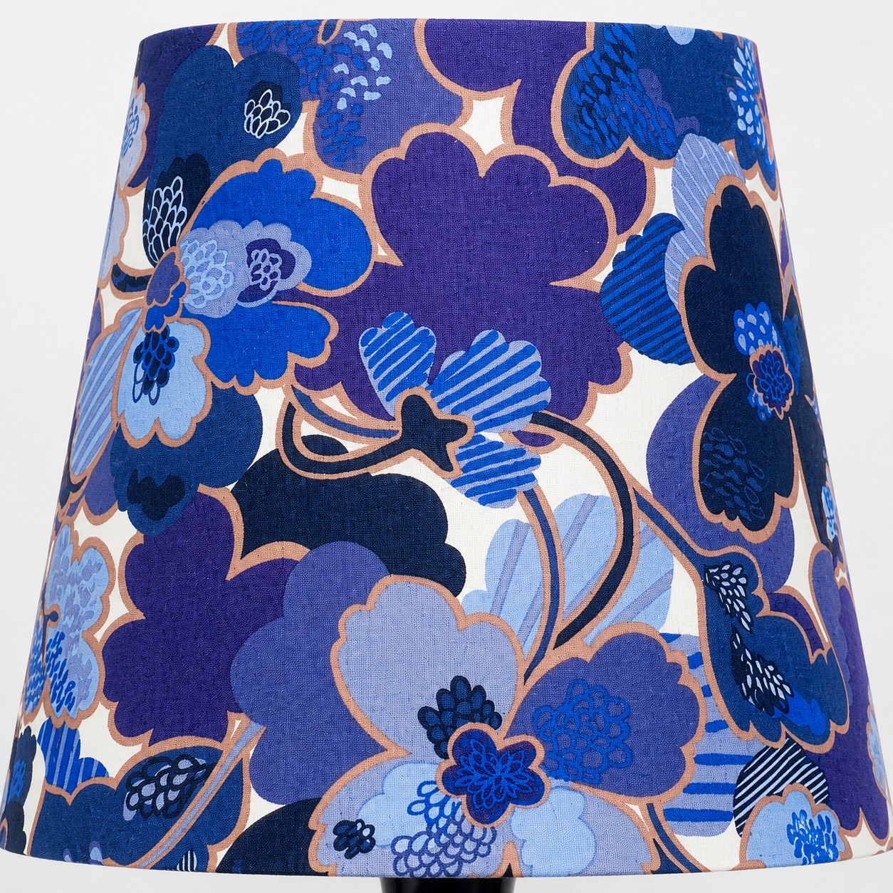 Close-up detail of the blue floral fabric lampshade