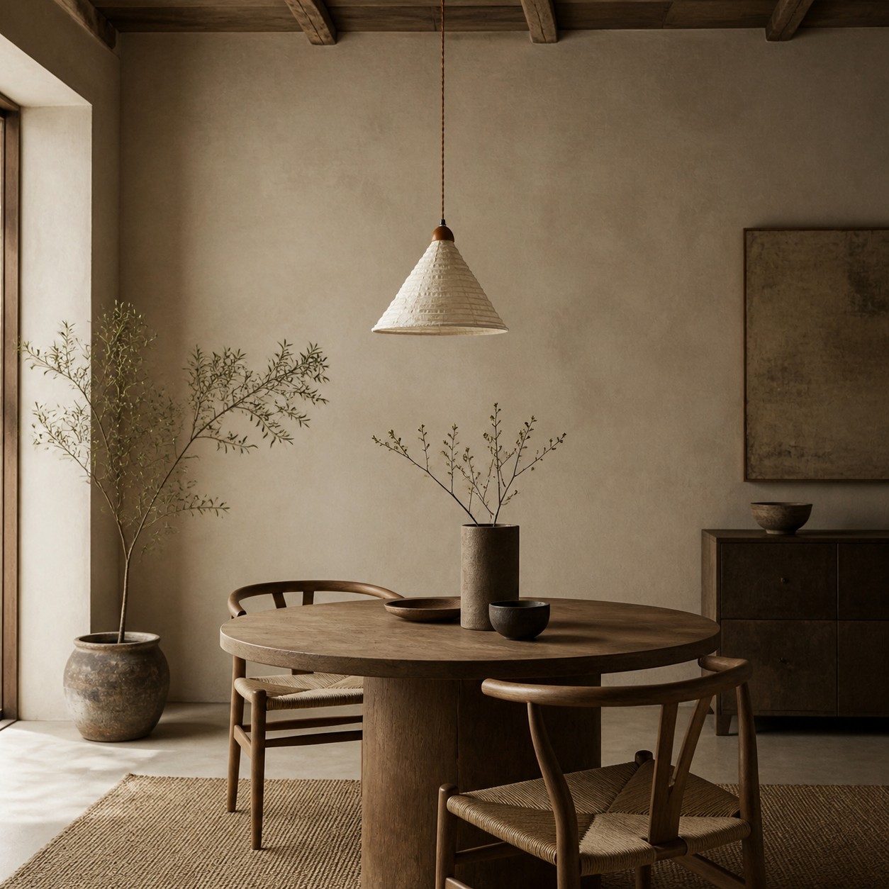 Fabric pendant light installed above a round dining table