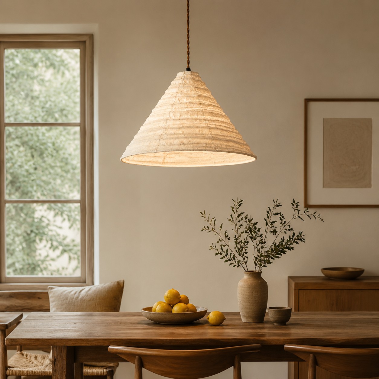 Fabric pendant lamp installed above a dining table