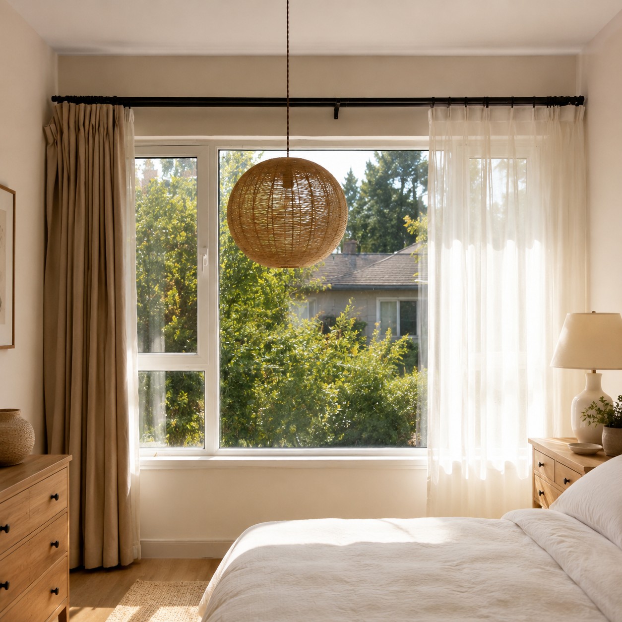 Suspension globe en fibre naturelle installée au-dessus d’une chambre
