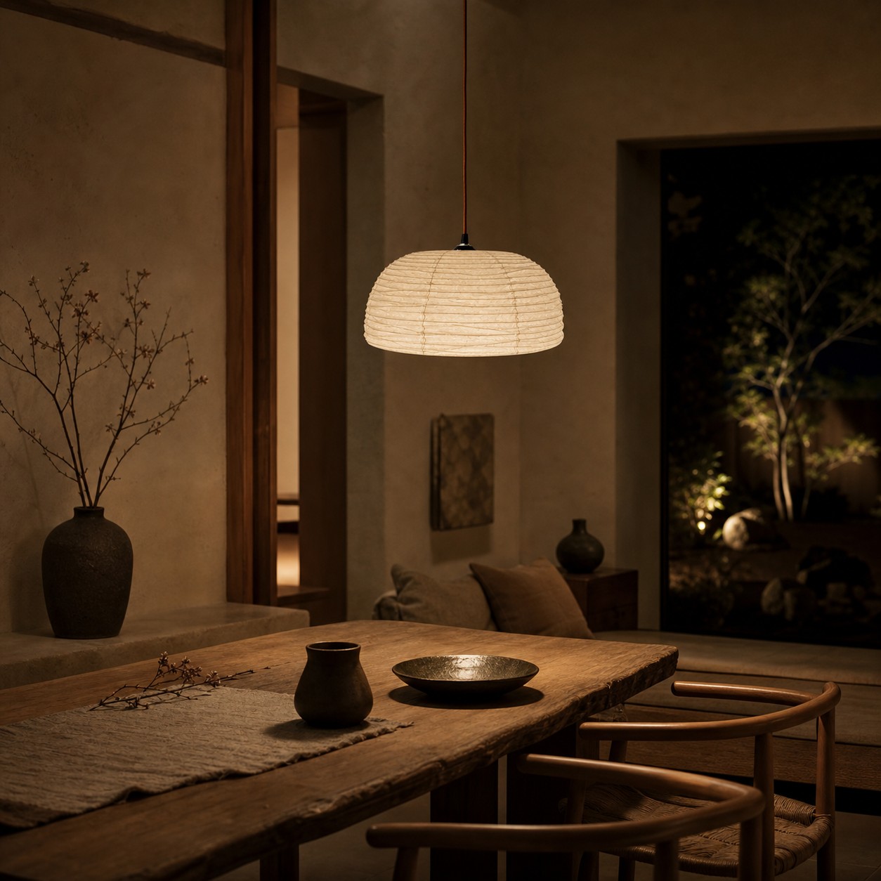 Ivory fabric pendant lamp above a dining table