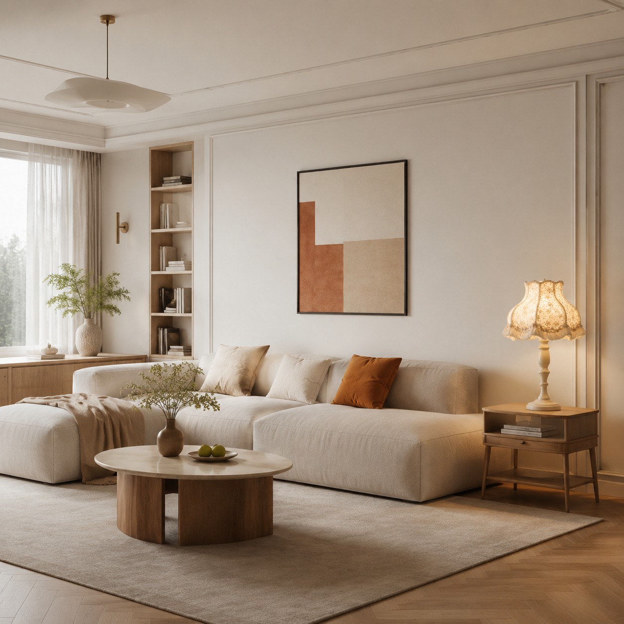 Lace table lamp in a soft neutral living room
