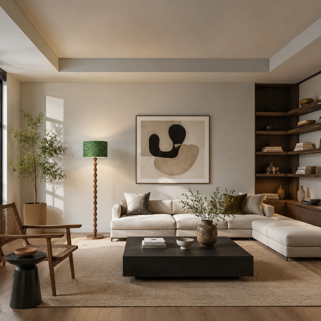 Sculptural wood floor lamp beside a neutral living room sofa