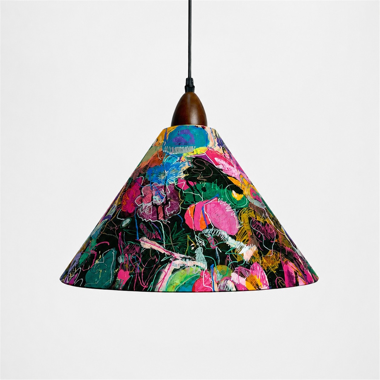 Large painted floral Liberty fabric cone pendant light