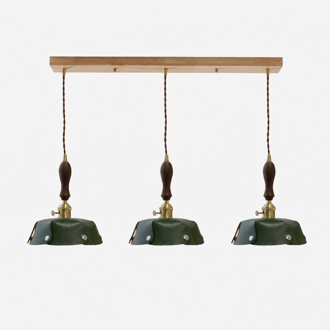 3-Light Linear Pendant Deep Green Leather Bar 100 cm / 39.4 in; Shade Dia. 30 cm / 11.8 in