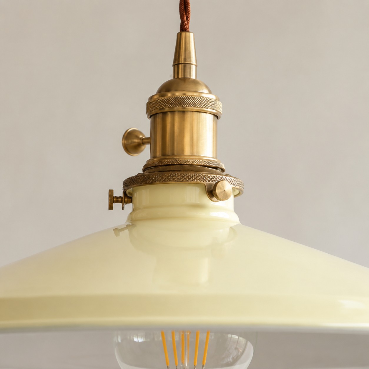 close view of brass socket hardware and twisted cord
