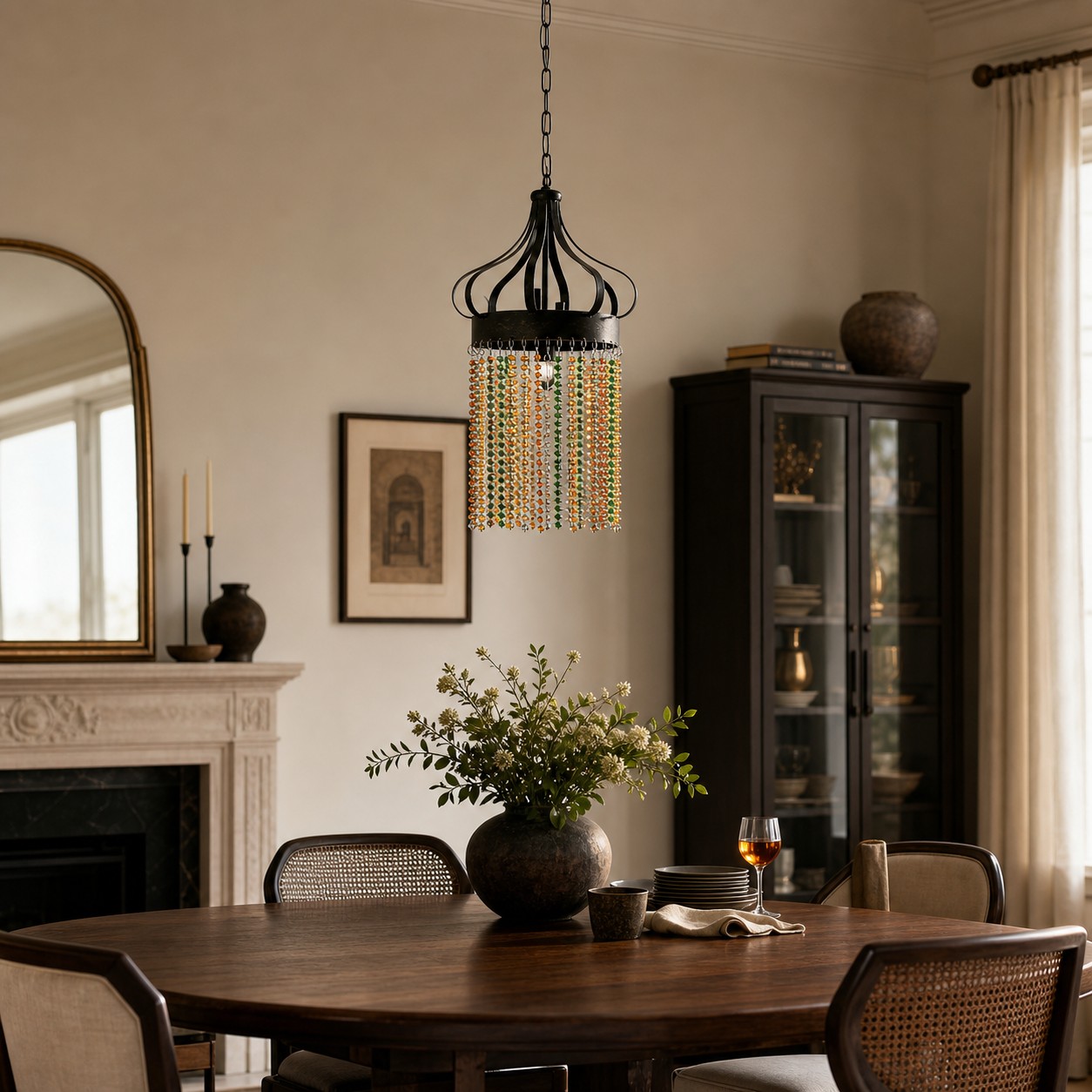 Lámpara colgante negra de cristal multicolor en un comedor de estilo vintage