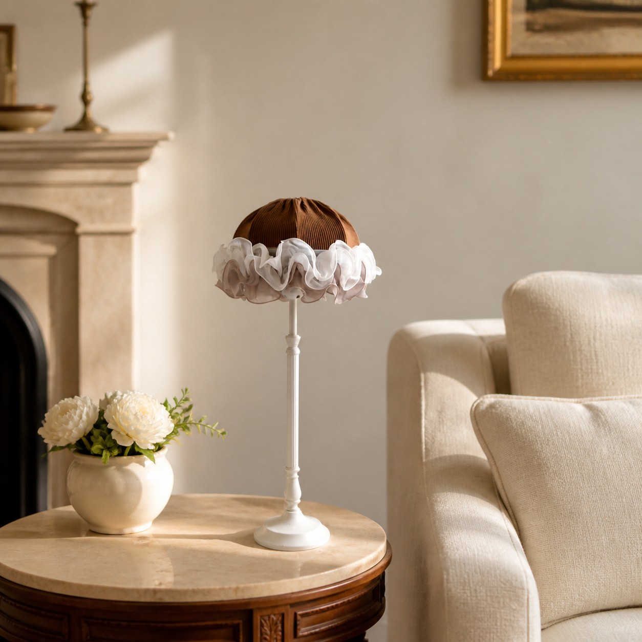 French vintage brown table lamp on living room side table