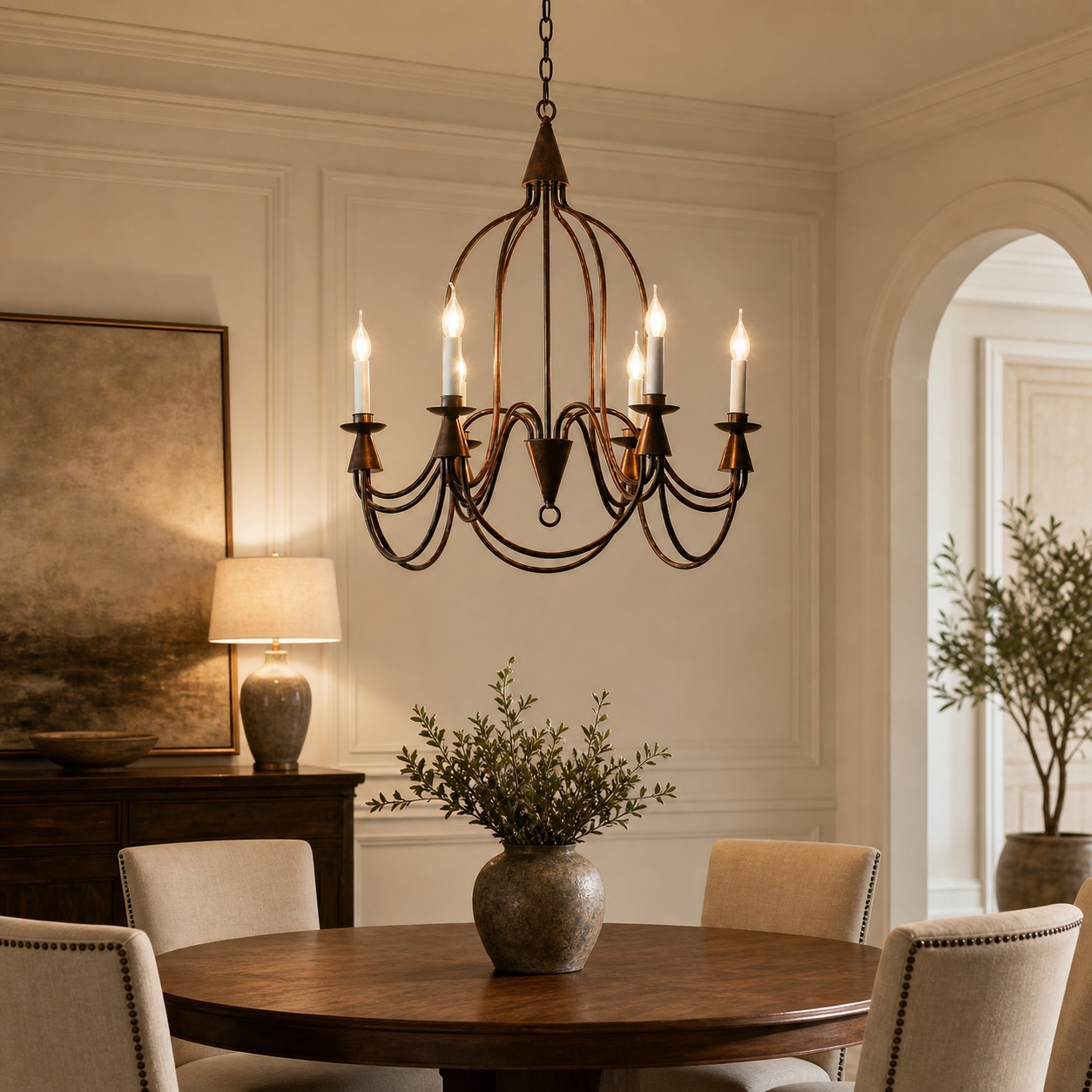 Antique bronze six-light candle chandelier in a paneled dining room