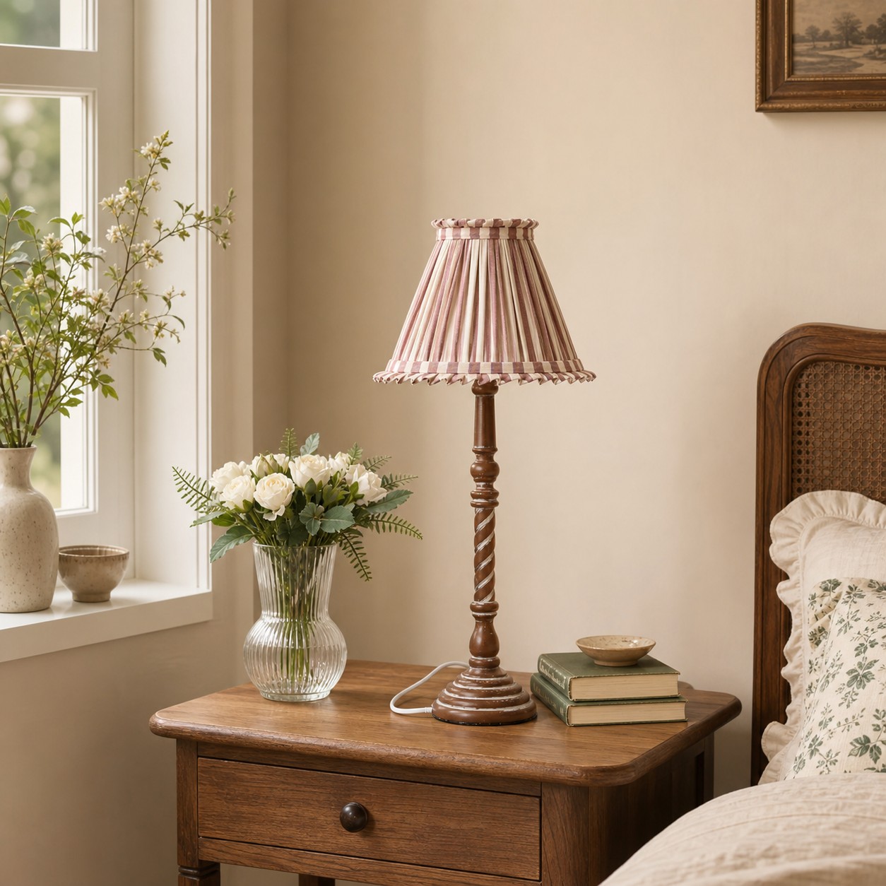 French country table lamp on bedroom nightstand