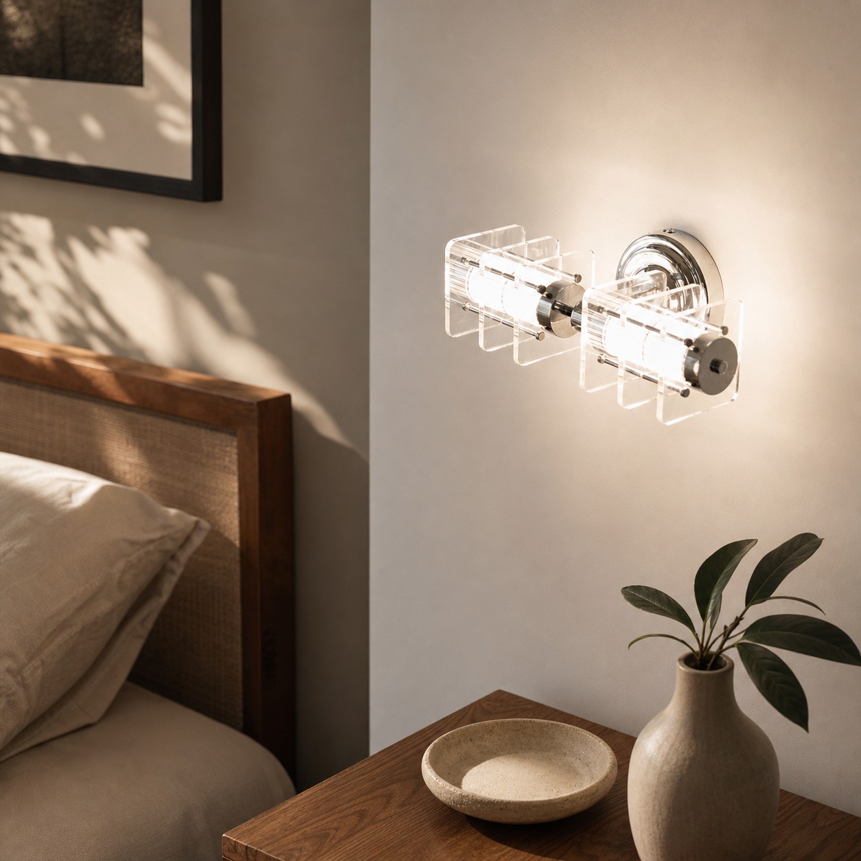Bauhaus acrylic chrome wall lamp installed beside a bed