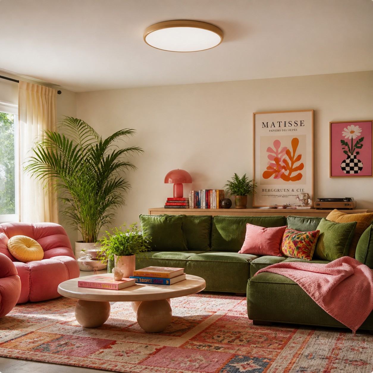 Colorful living room with ceiling-mounted placement