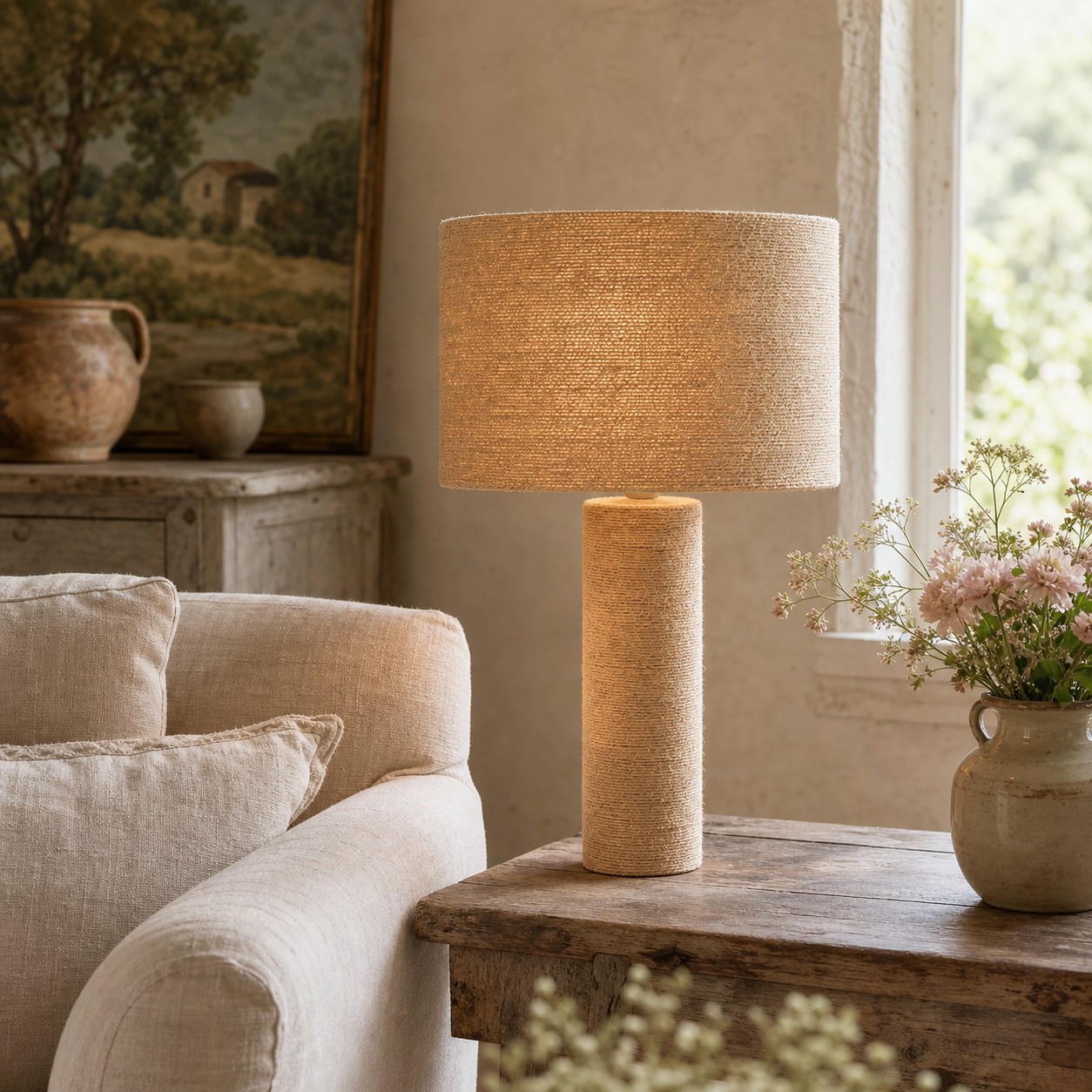 Lampe de table en jute tressée installée sur une table d’appoint