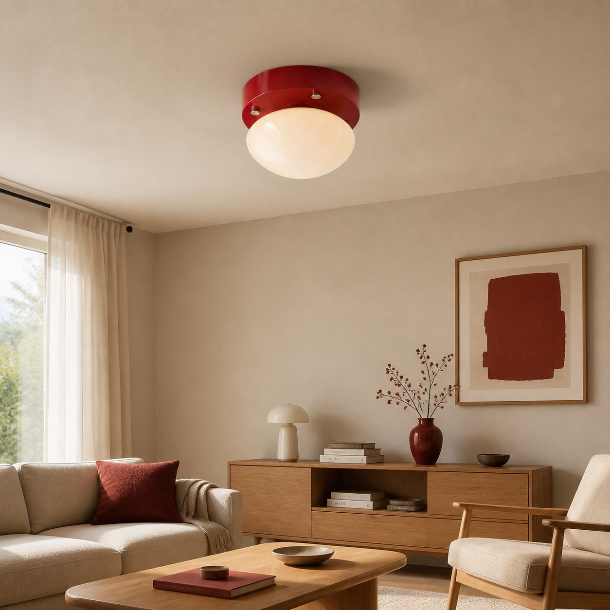 Röd LED-taklampa i glas i ett varmt modernt vardagsrum