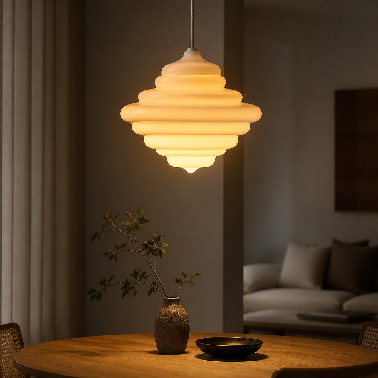 Witte glazen hanglamp boven de tafel in de avondkamer.