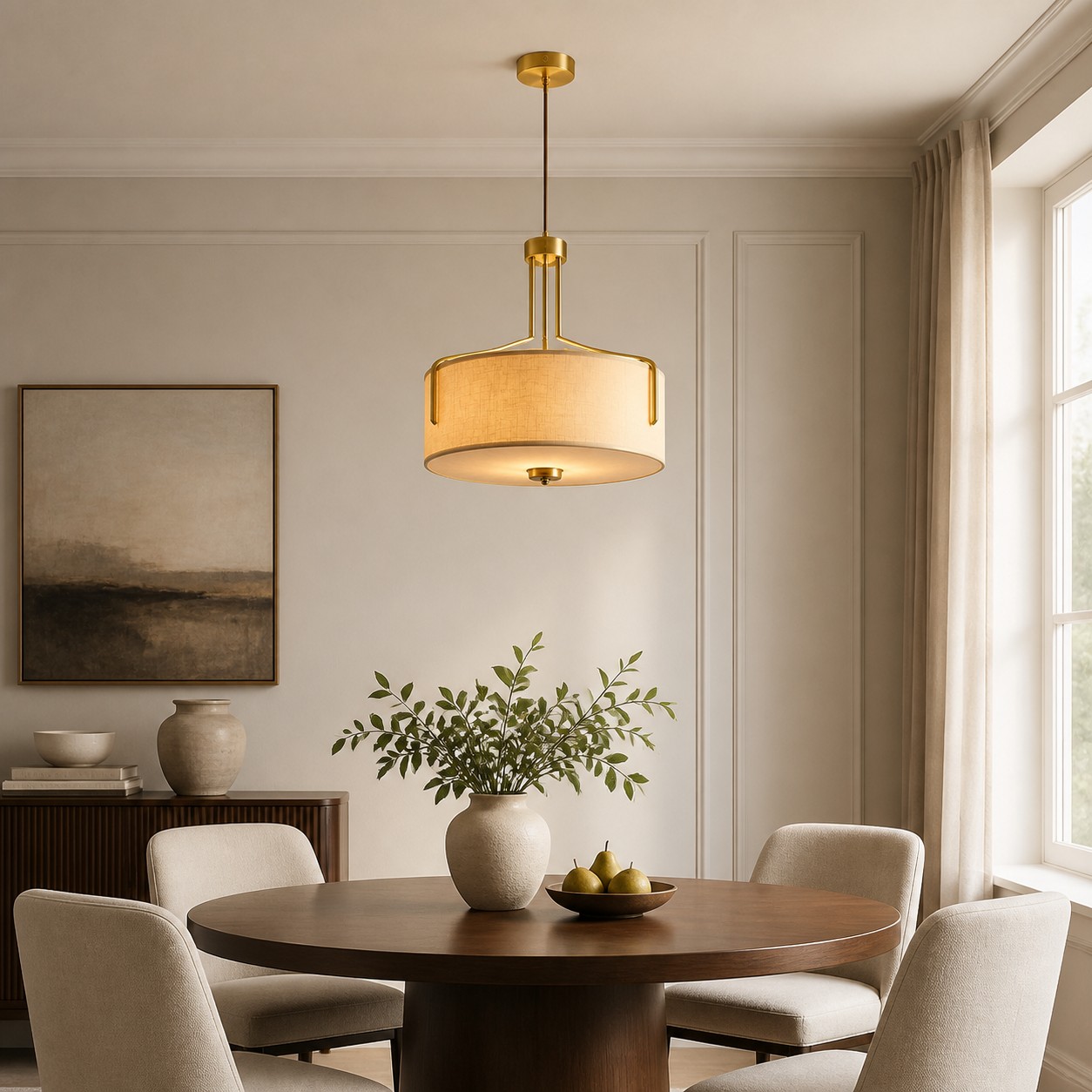 Suspension à abat-jour tambour en tissu dans une salle à manger classique et lumineuse