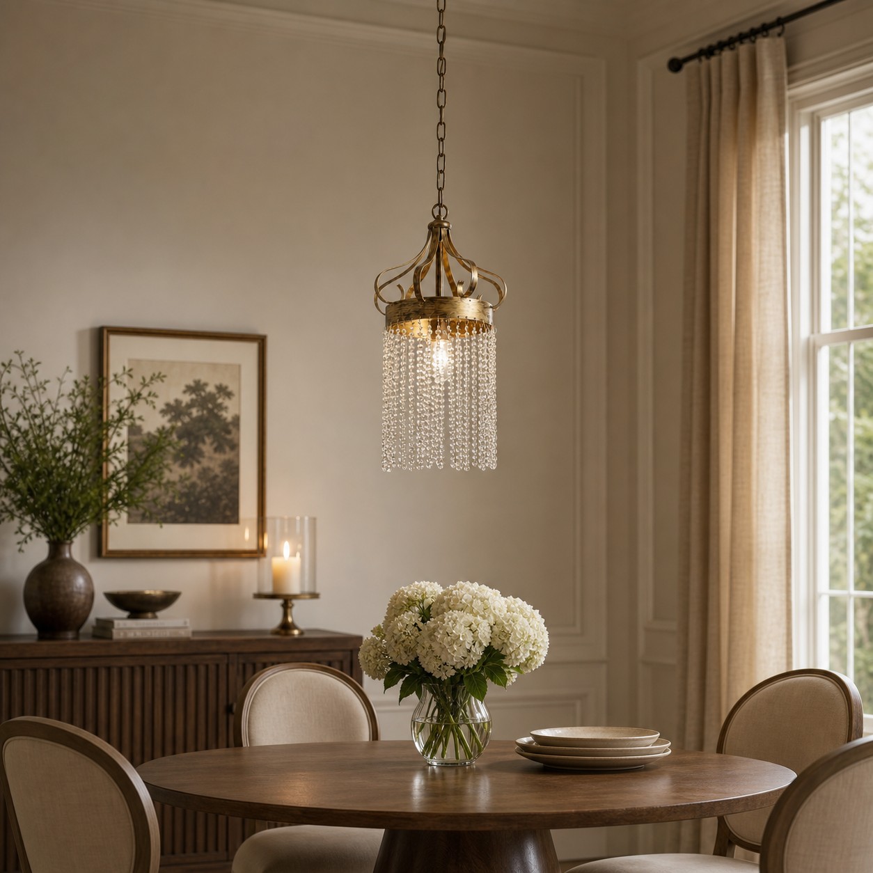 Lámpara colgante de cristal transparente en latón antiguo sobre una mesa de comedor redonda