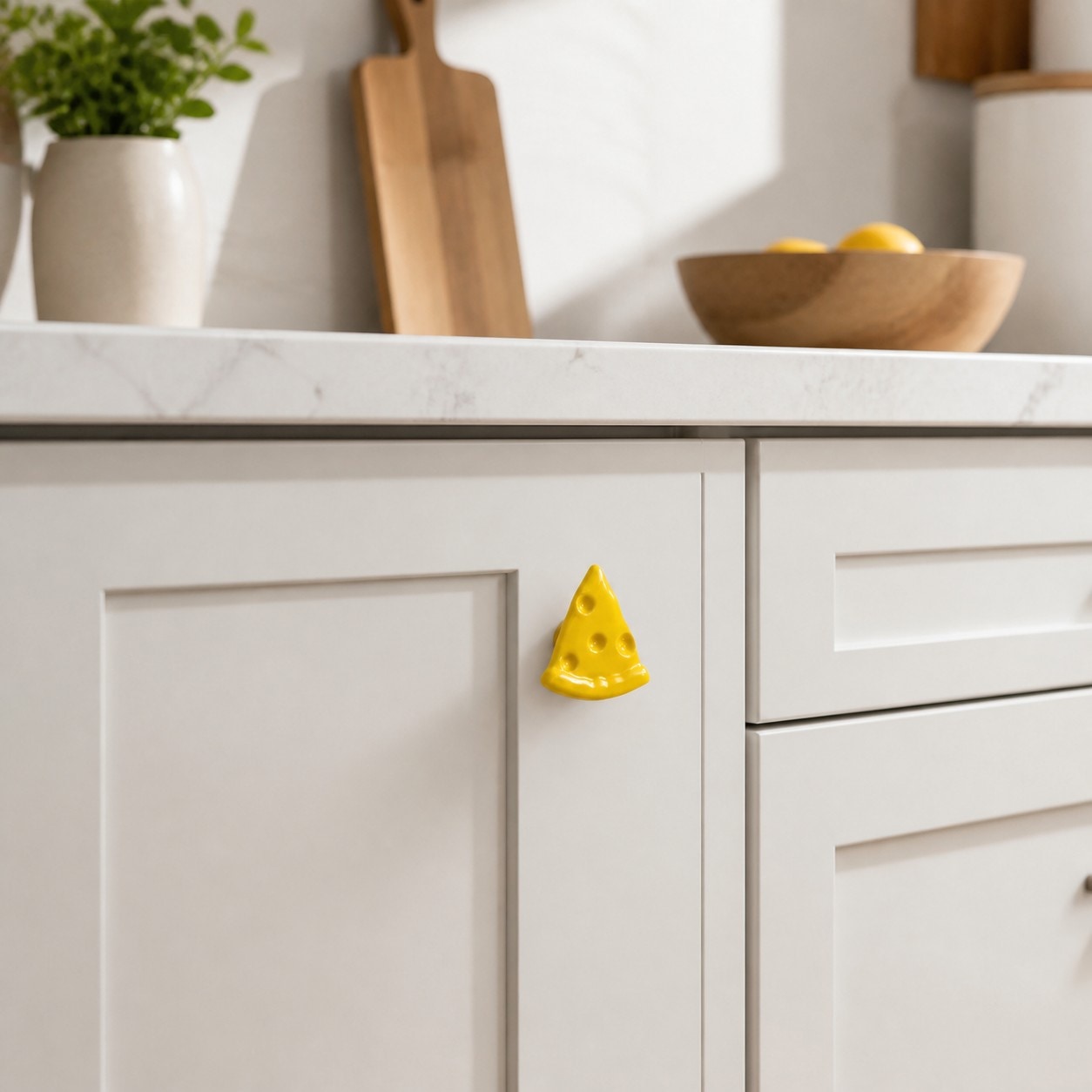 Cheese slice cabinet knobs on modern furniture