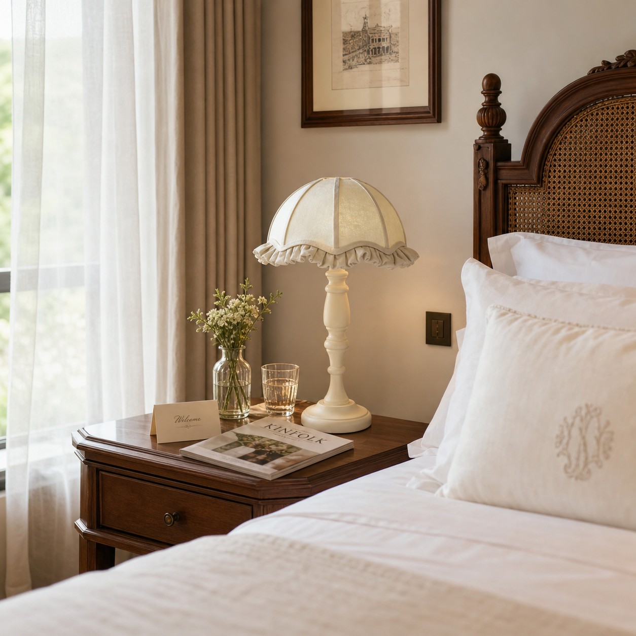 Franse landelijke stoffen tafellamp naast een bed.