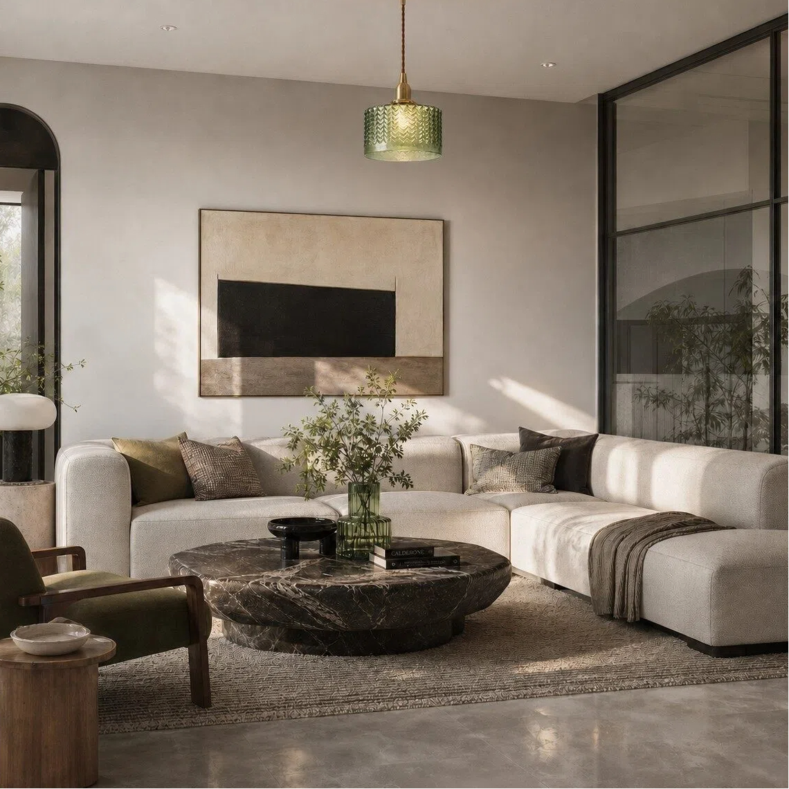 Emerald glass pendant in a modern living room