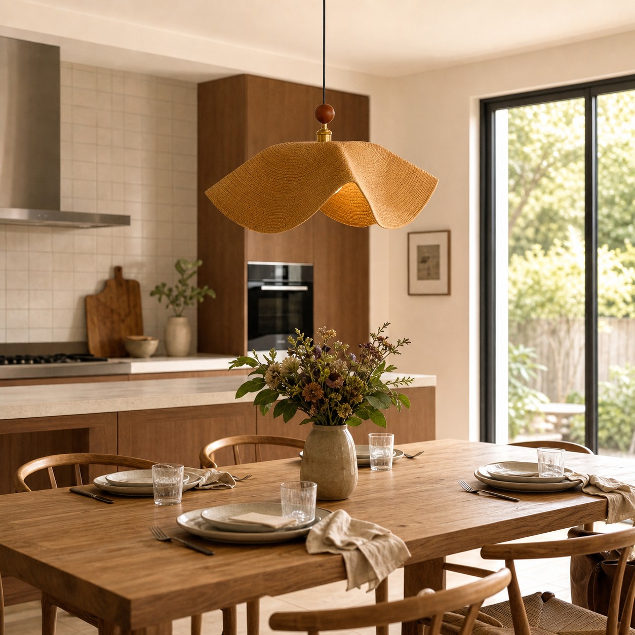Een bruine hanglamp van geweven stof hangt boven een eettafel in een warme, moderne keuken.