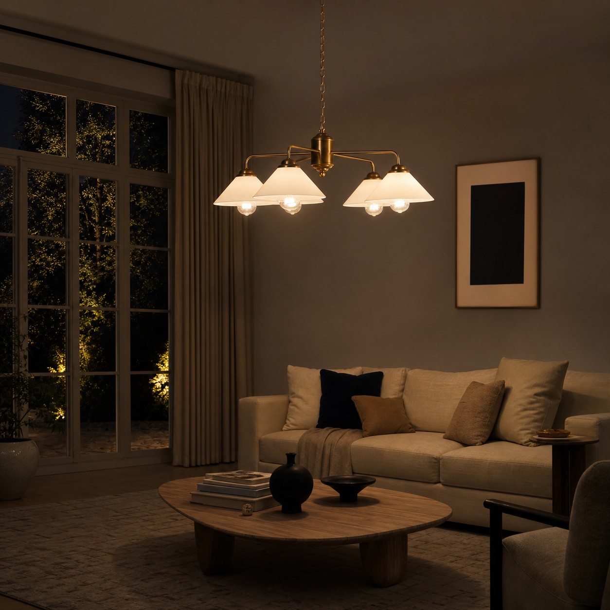 Five-light chandelier illuminating a warm evening living room