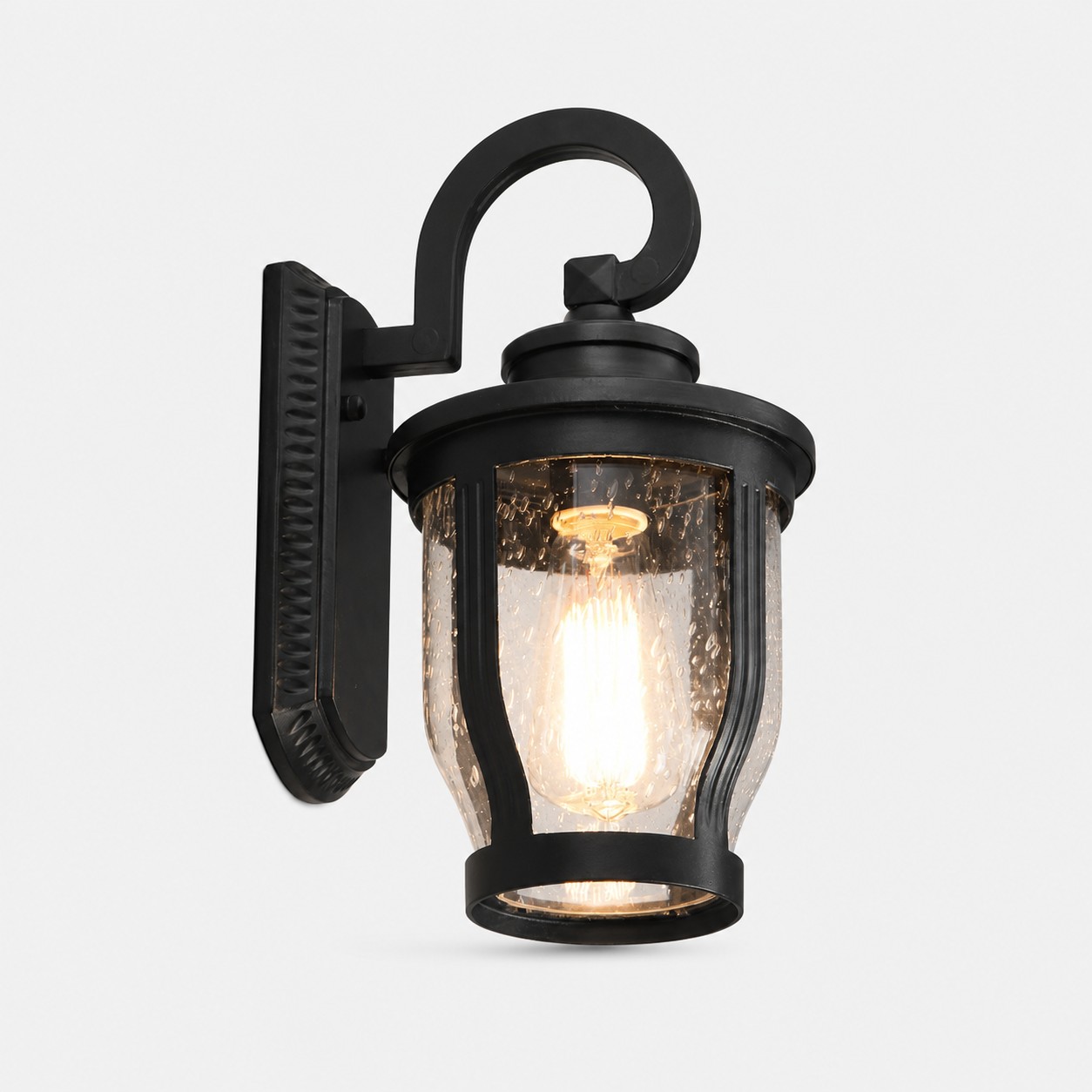 black rain glass outdoor wall sconce on gray background